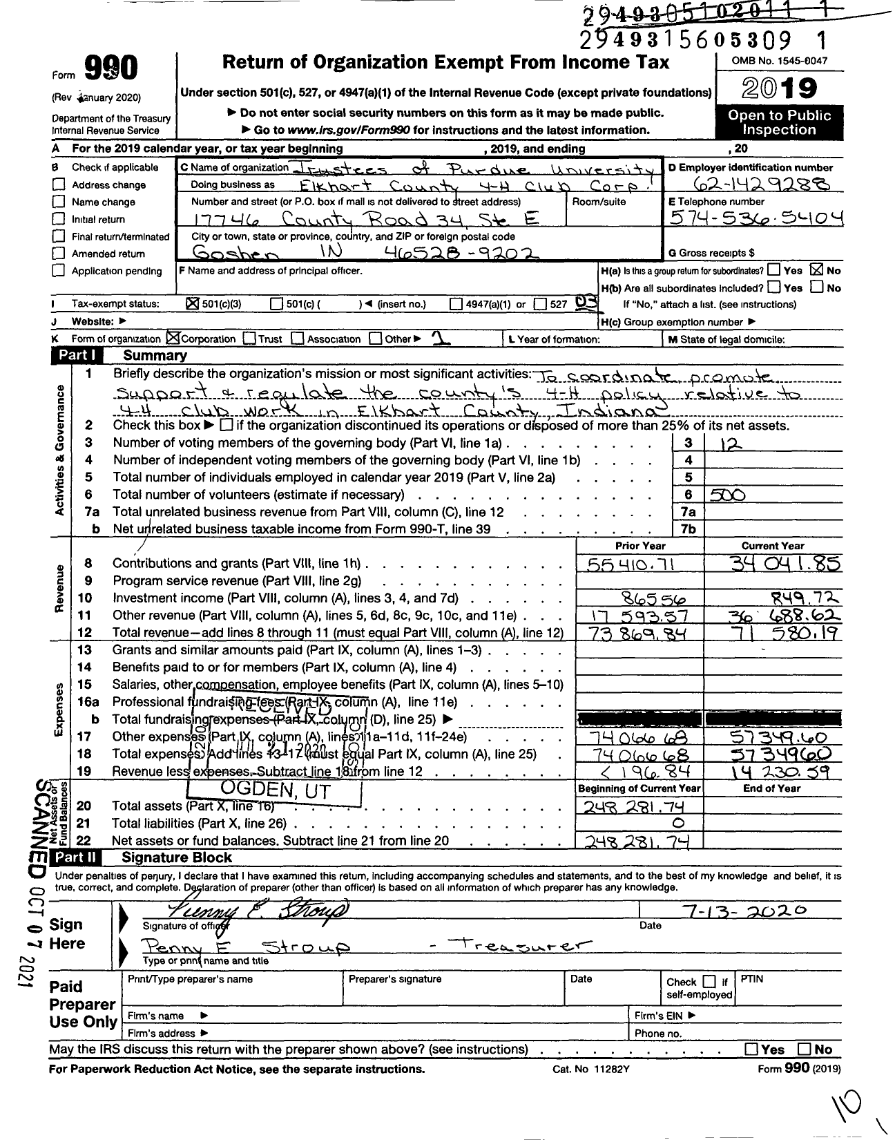 Image of first page of 2019 Form 990 for Trustees of Purdue University Elkhart County 4-H Club Corporation