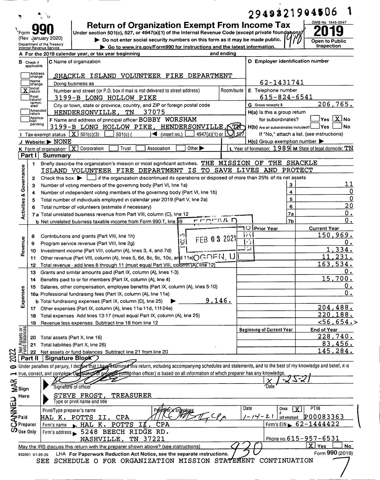 Image of first page of 2019 Form 990 for Shackle Island Volunteer Fire Department