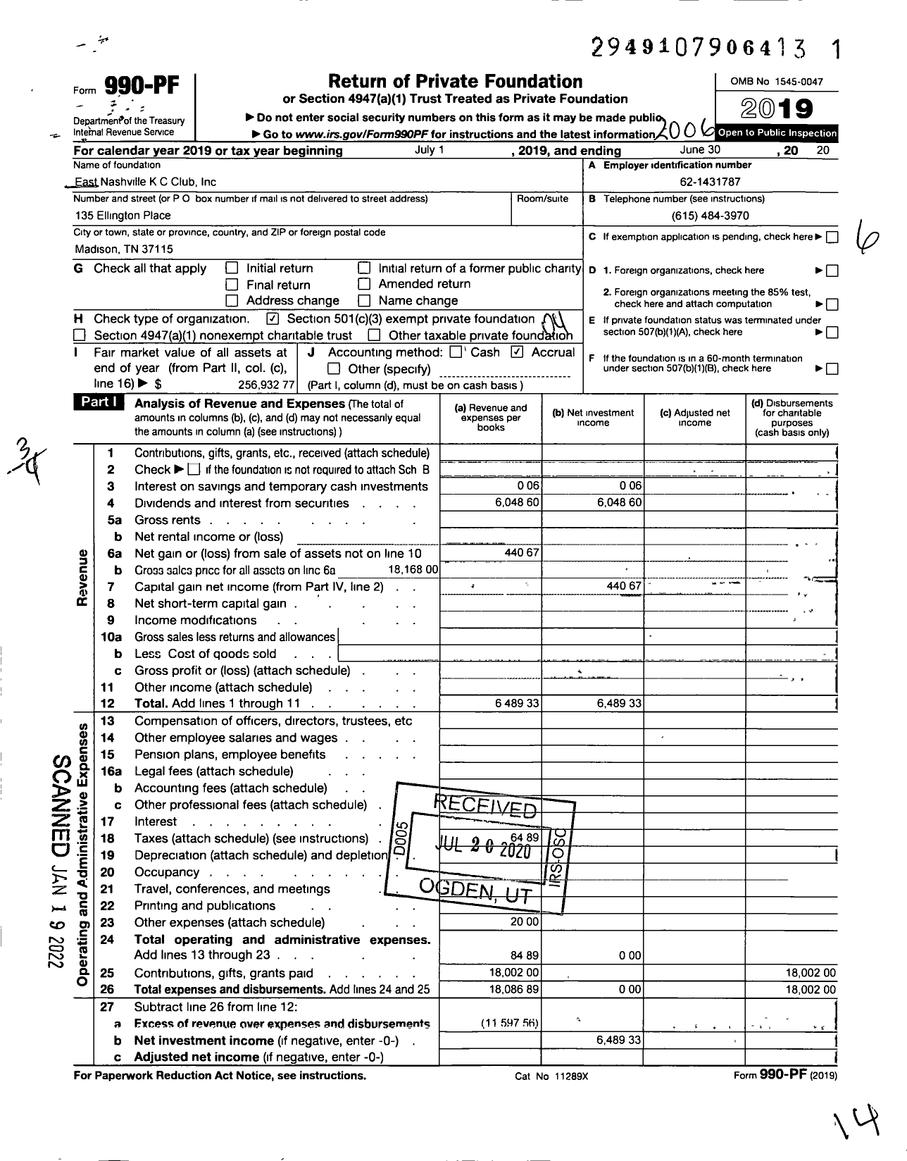 Image of first page of 2019 Form 990PF for East Nashville KC Club