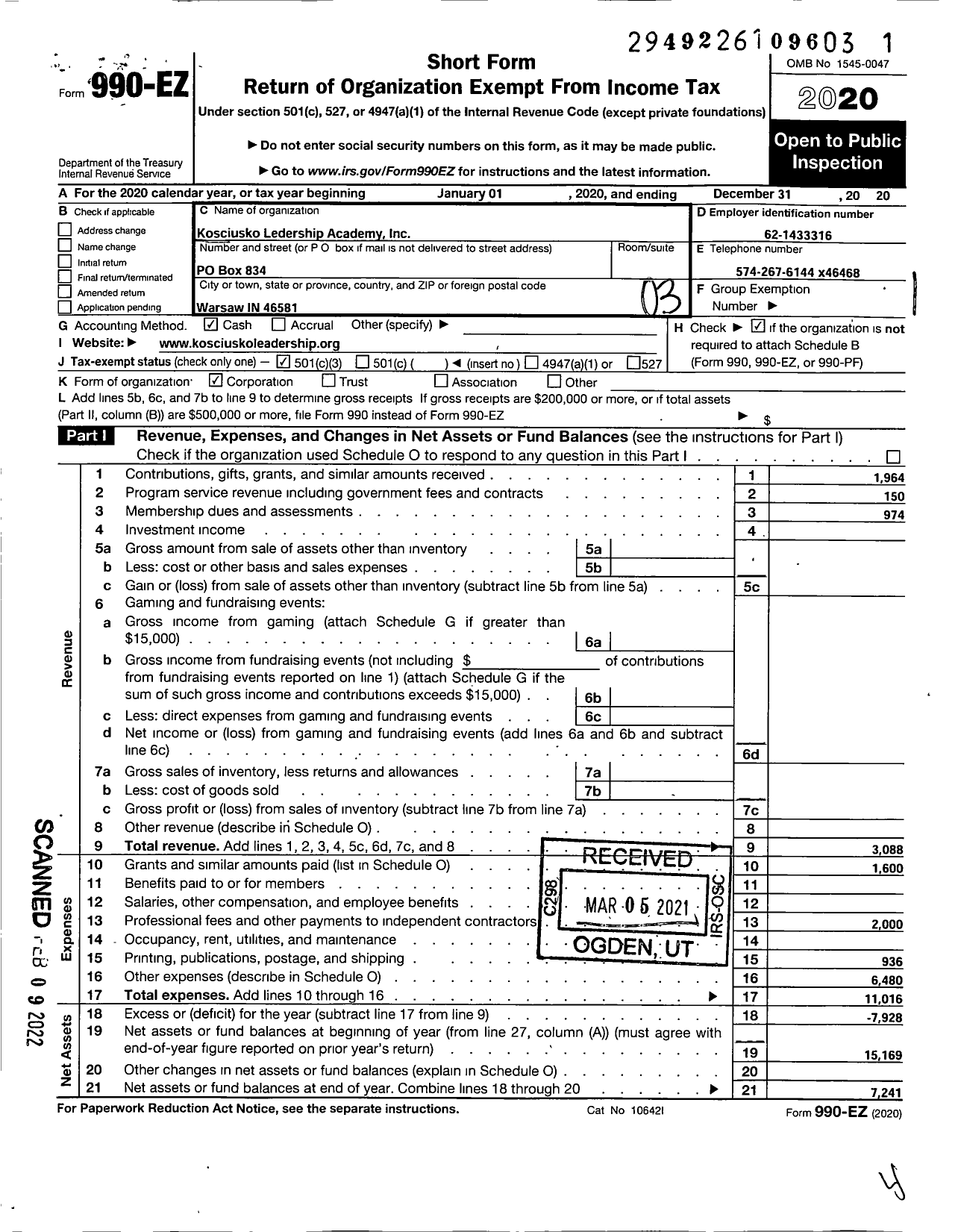 Image of first page of 2020 Form 990EZ for Kosciusko Leadership Academy