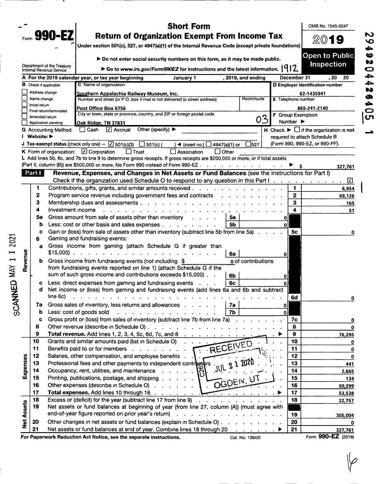 Image of first page of 2019 Form 990EZ for Southern Appalachia Railway Museum