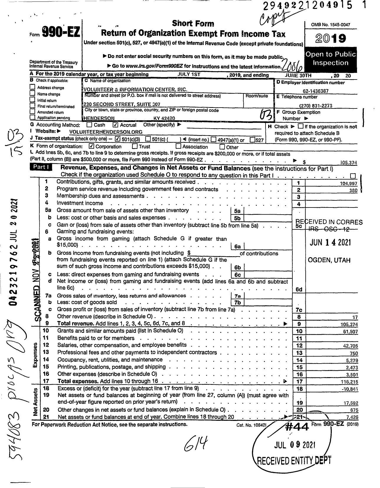 Image of first page of 2019 Form 990EZ for Volunteer and Information Center