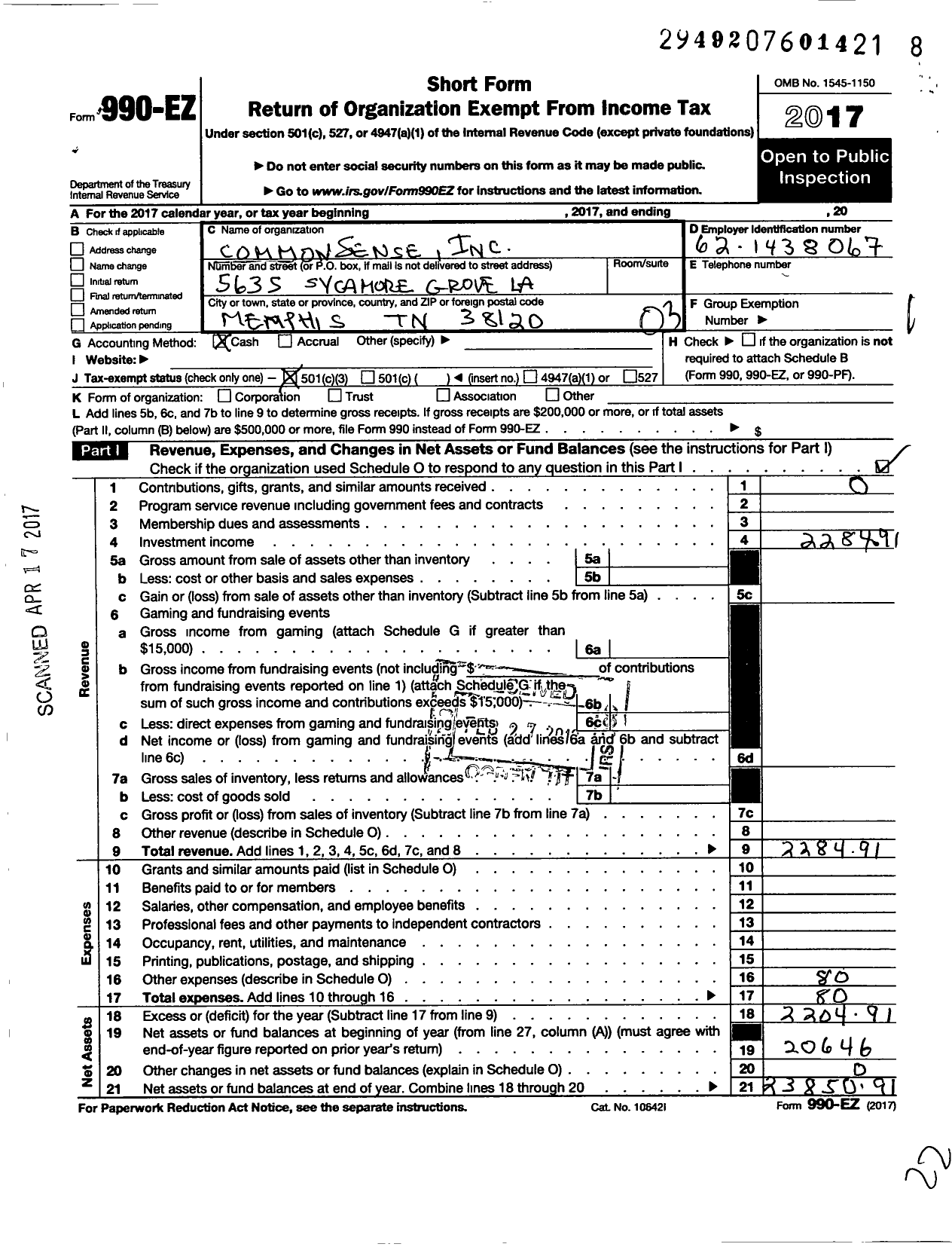 Image of first page of 2017 Form 990EZ for Commonsense Incorporated