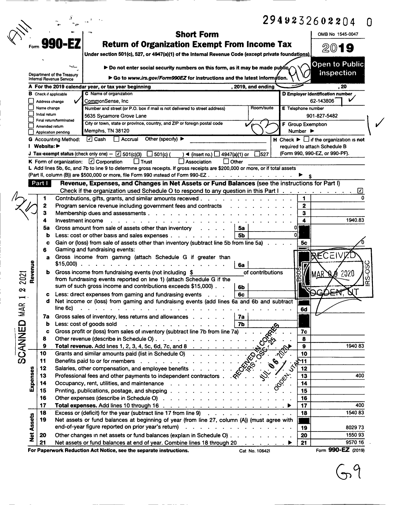 Image of first page of 2019 Form 990EZ for Commonsense Incorporated