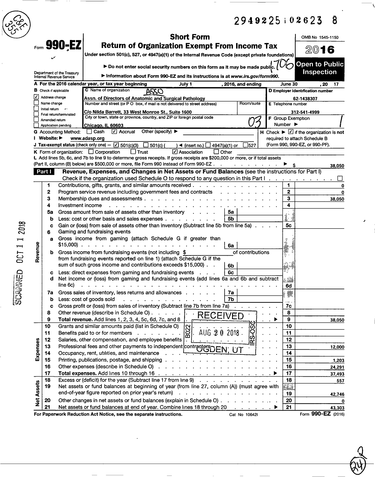 Image of first page of 2016 Form 990EZ for Association of Anatomic and Surgical Pathology Directors