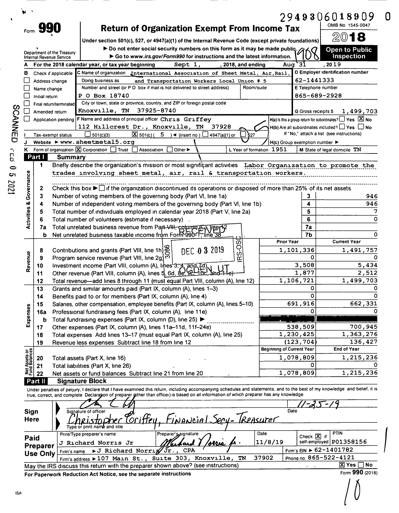 Image of first page of 2018 Form 990O for Smart Union - Transp Workers Local Union 5