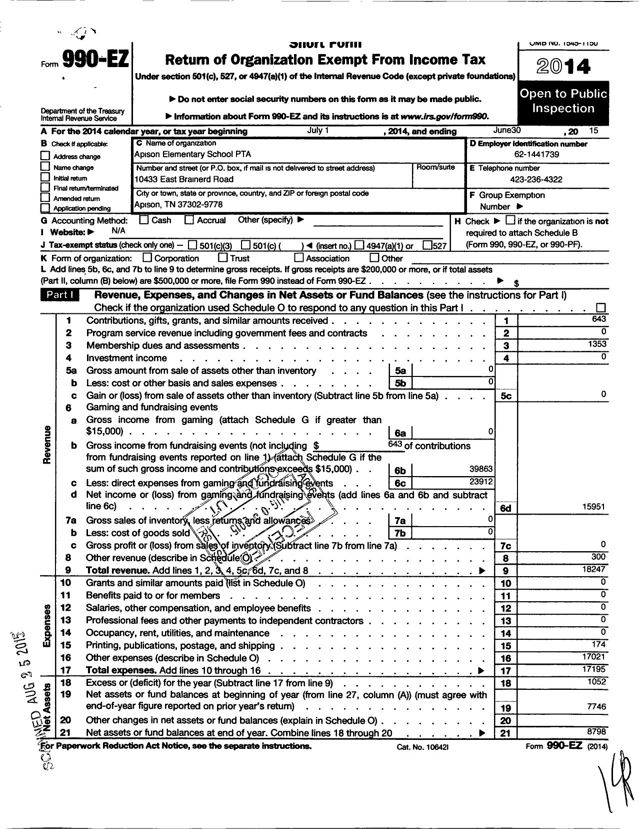 Image of first page of 2014 Form 990EO for PTA Tennessee Congress of Parents Teachers / Apison Elementary PTA