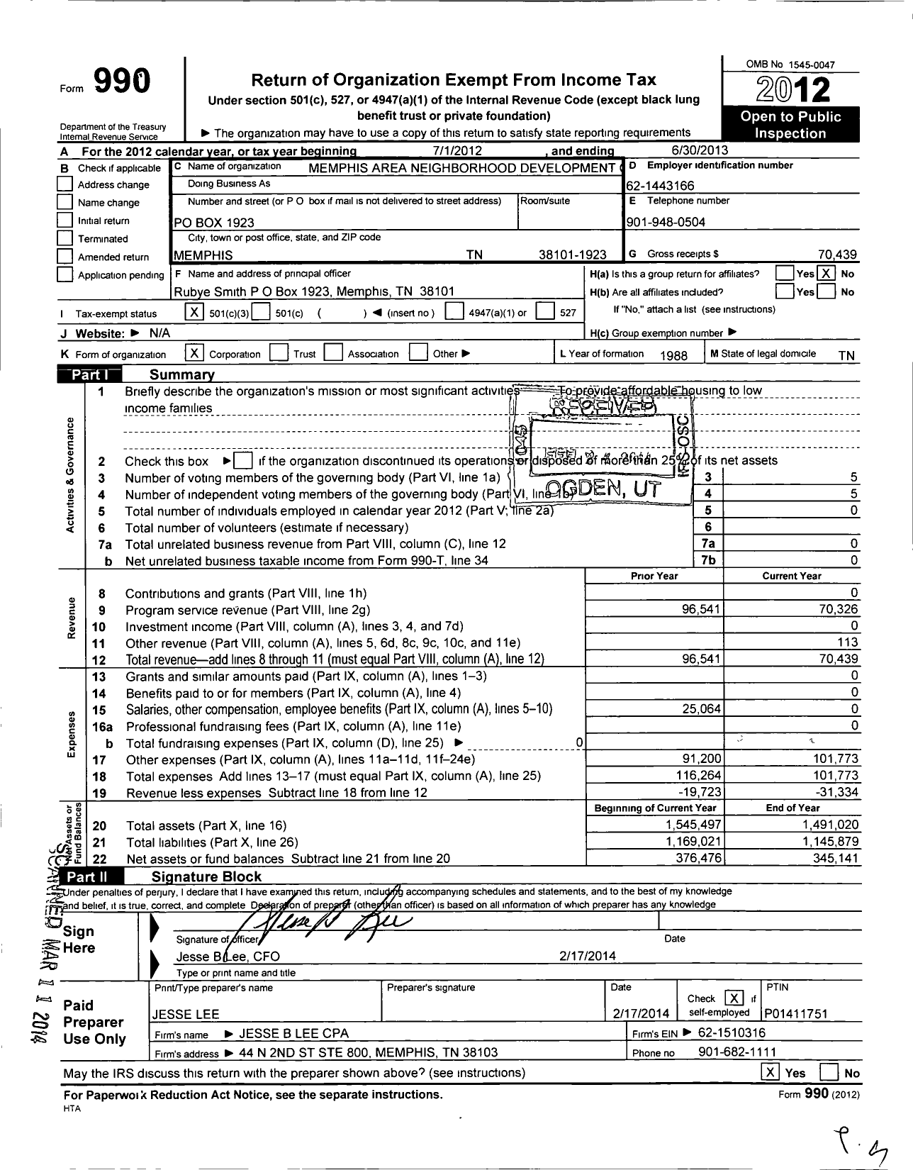 Image of first page of 2012 Form 990 for Memphis Area Neighborhood Development Corporation