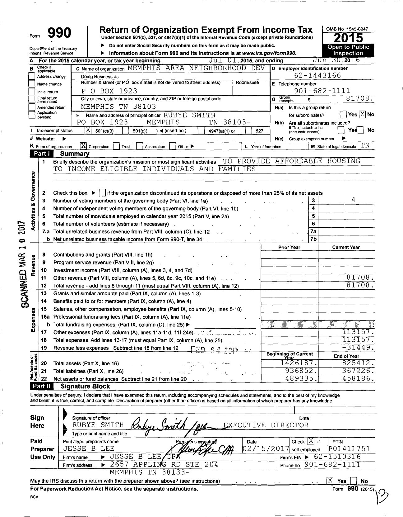 Image of first page of 2015 Form 990 for Memphis Area Neighborhood Development Corporation