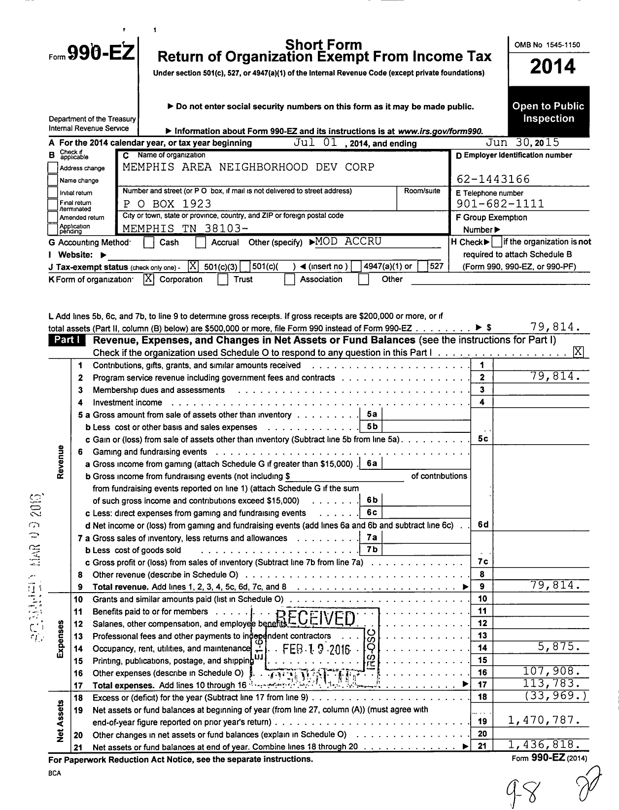 Image of first page of 2014 Form 990EZ for Memphis Area Neighborhood Development Corporation