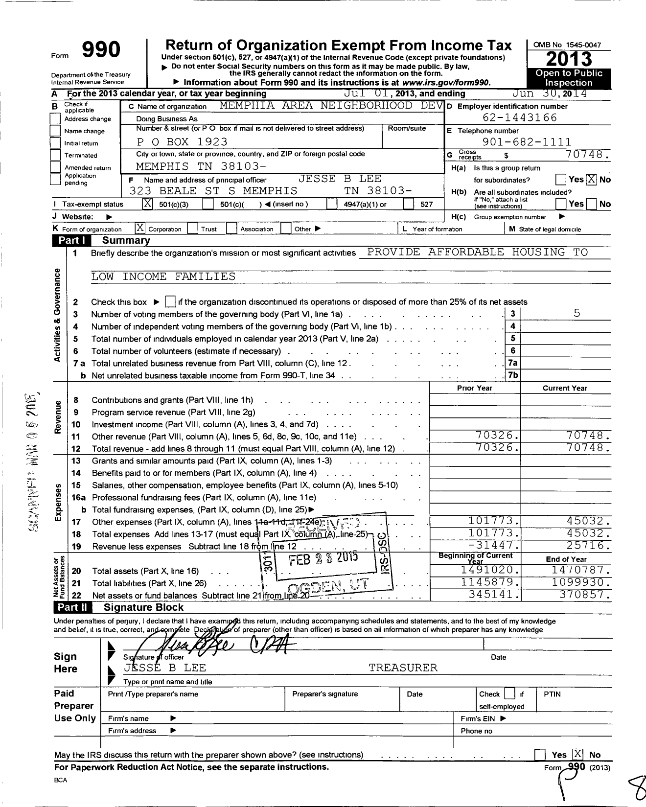 Image of first page of 2013 Form 990 for Memphis Area Neighborhood Development Corporation