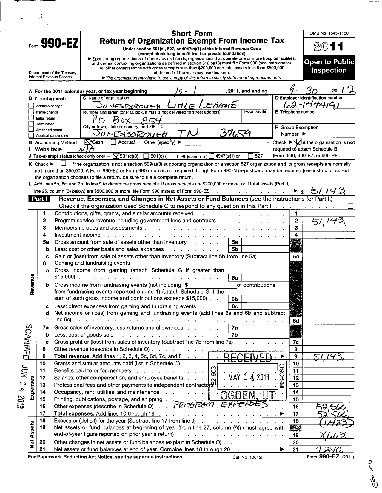 Image of first page of 2011 Form 990EZ for Little League Baseball - 3420517 Jonesborough LL