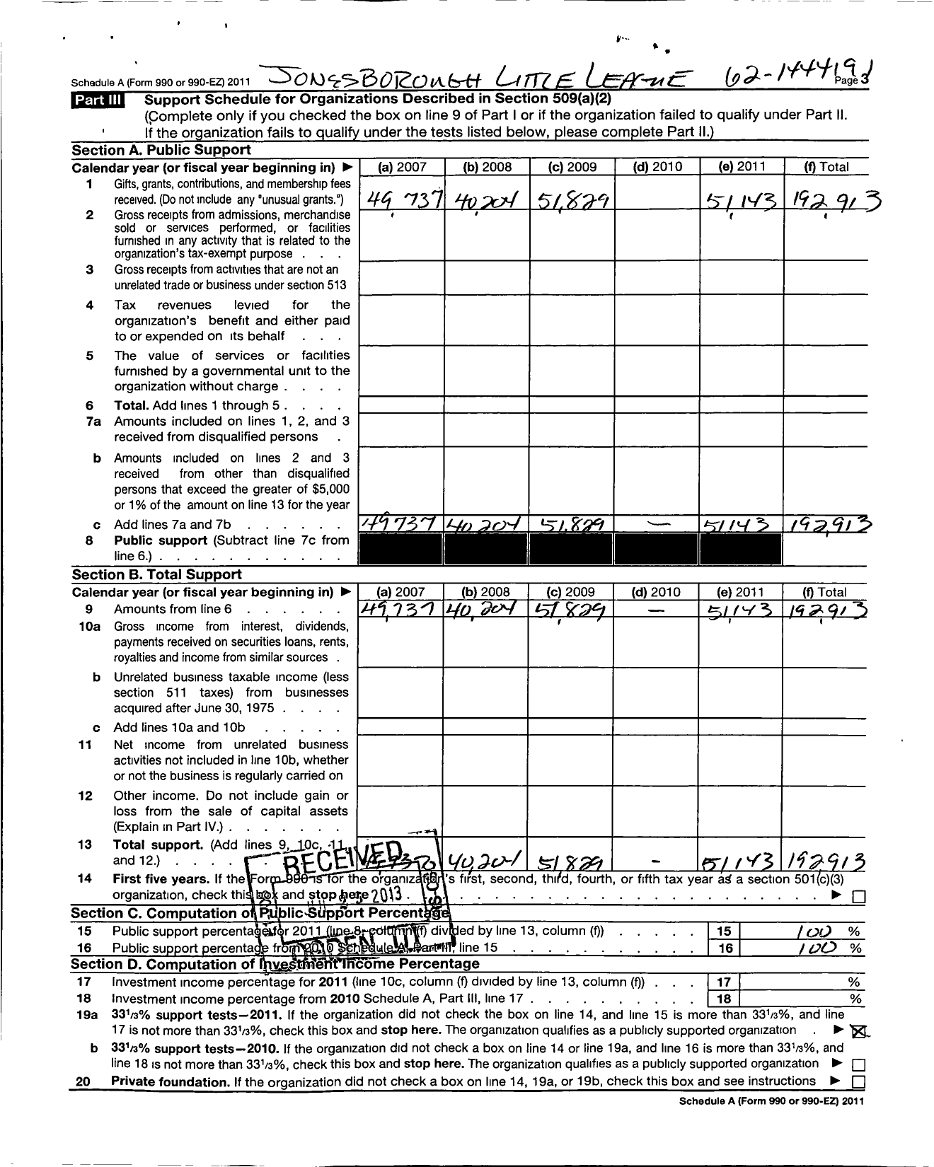 Image of first page of 2011 Form 990ER for Little League Baseball - 3420517 Jonesborough LL
