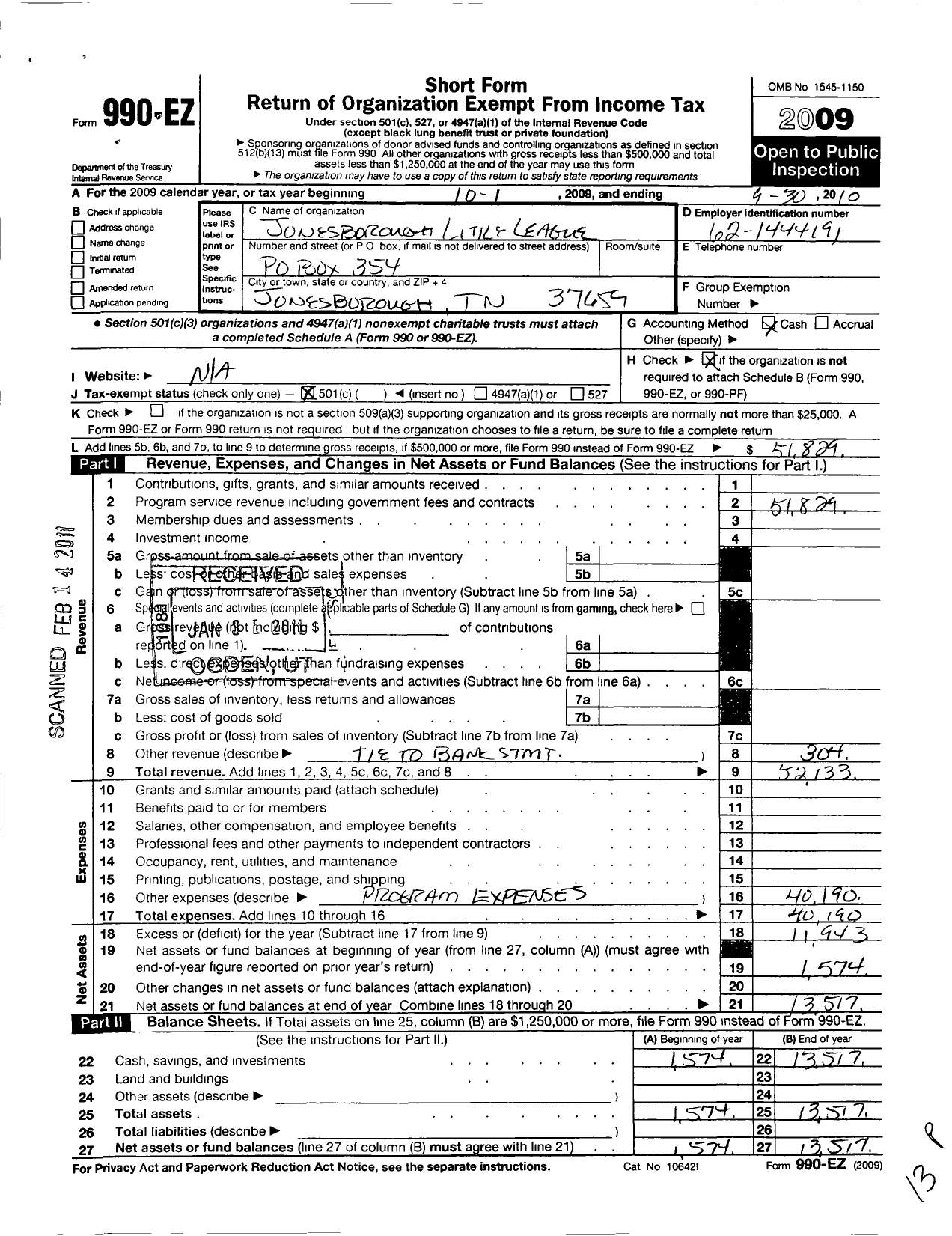 Image of first page of 2009 Form 990EO for Little League Baseball - 3420517 Jonesborough LL