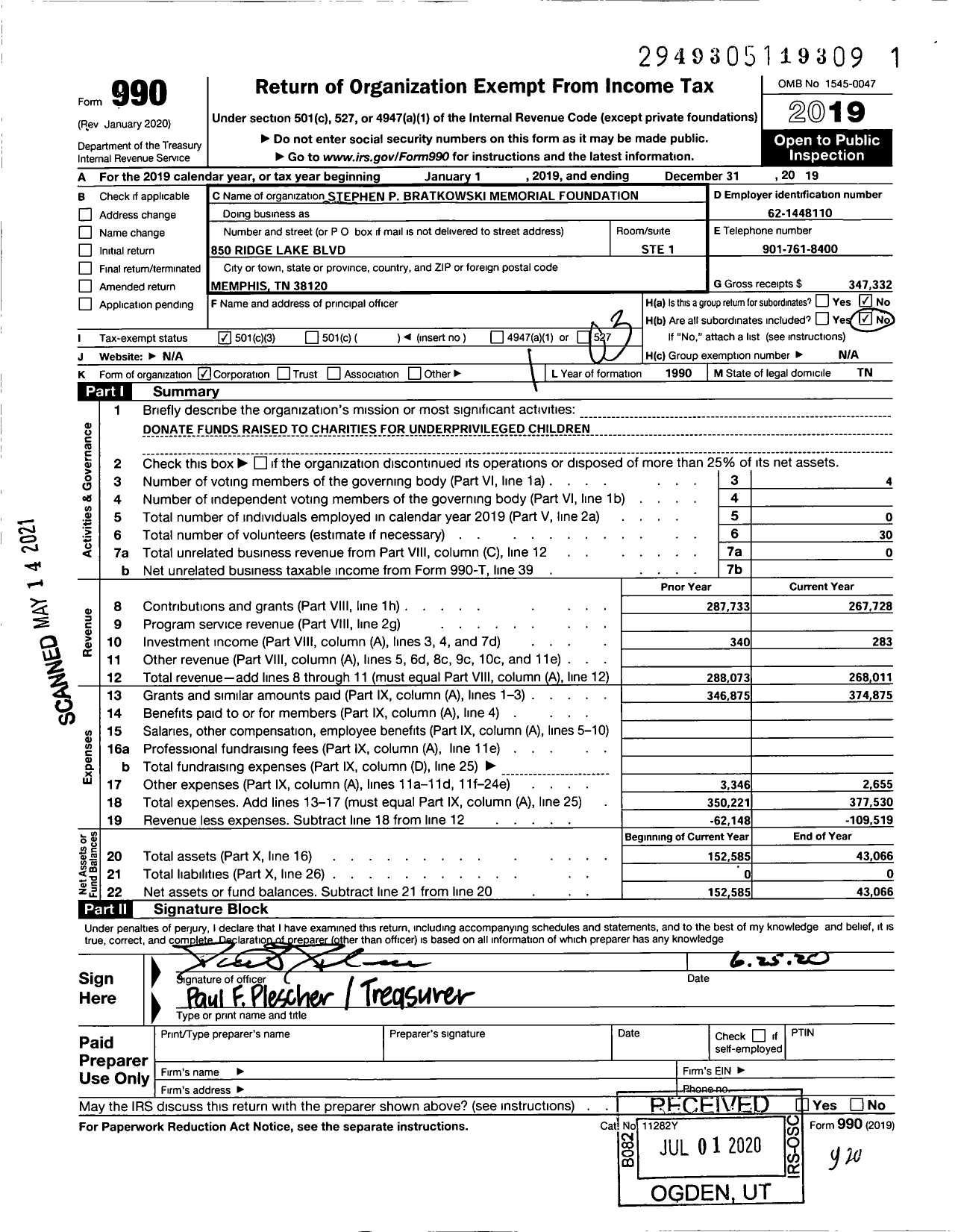 Image of first page of 2019 Form 990 for Stephen P Bratkowski Memorial Foundation