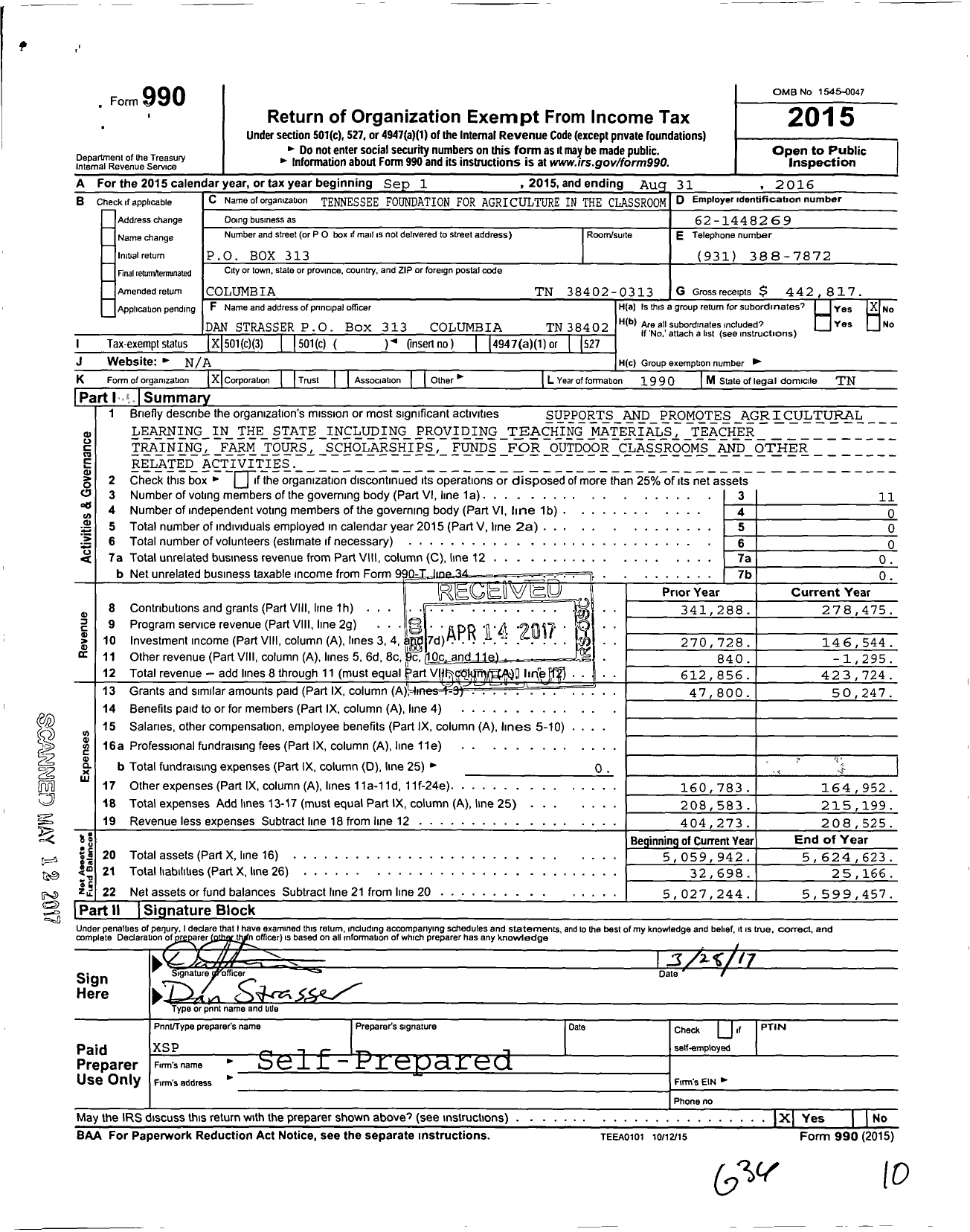 Image of first page of 2015 Form 990 for Tennessee Foundation for Agriculture in the Classroom