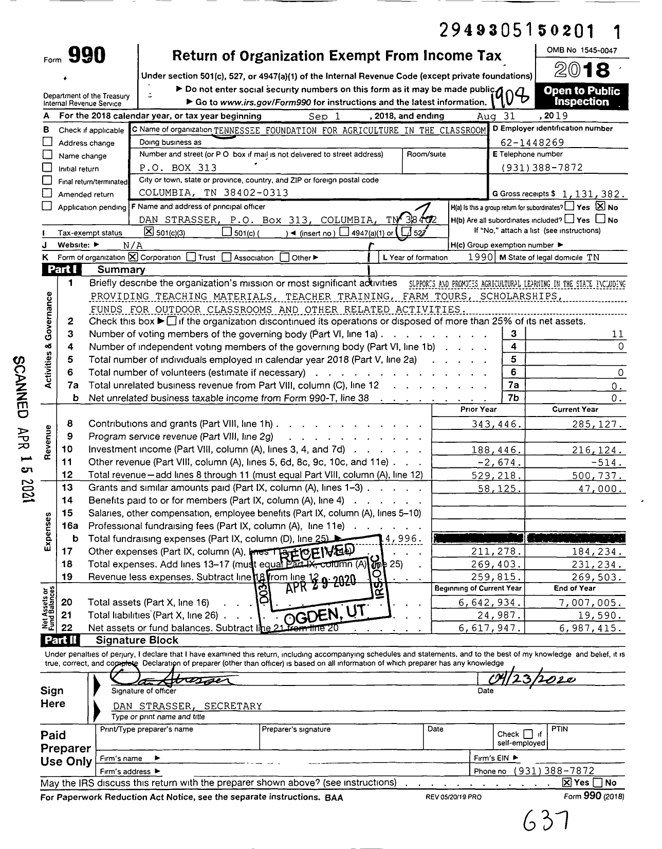 Image of first page of 2018 Form 990 for Tennessee Foundation for Agriculture in the Classroom
