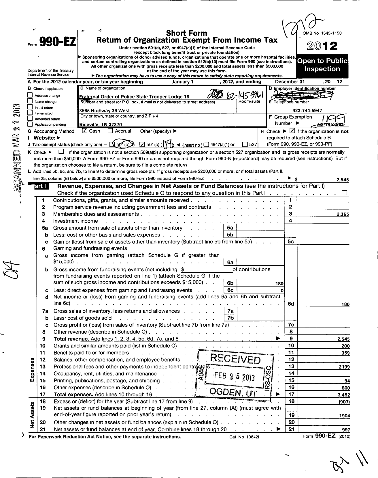 Image of first page of 2012 Form 990EO for Fraternal Order of Police - 16 Tennessee State Troopers