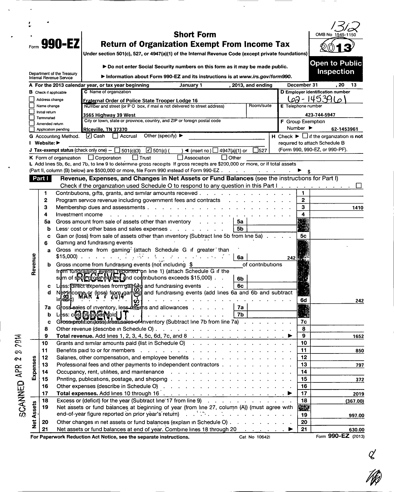 Image of first page of 2013 Form 990EO for Fraternal Order of Police - 16 Tennessee State Troopers