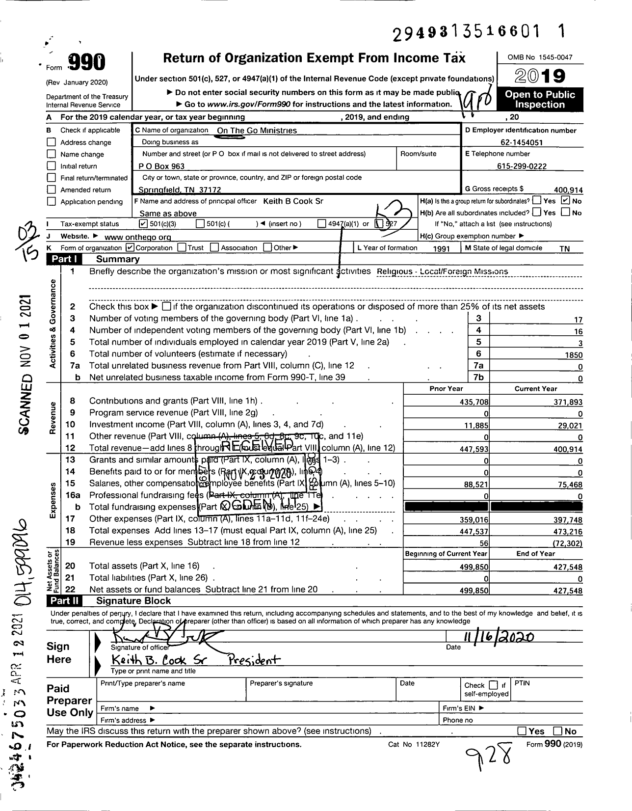 Image of first page of 2019 Form 990 for On the Go Ministries