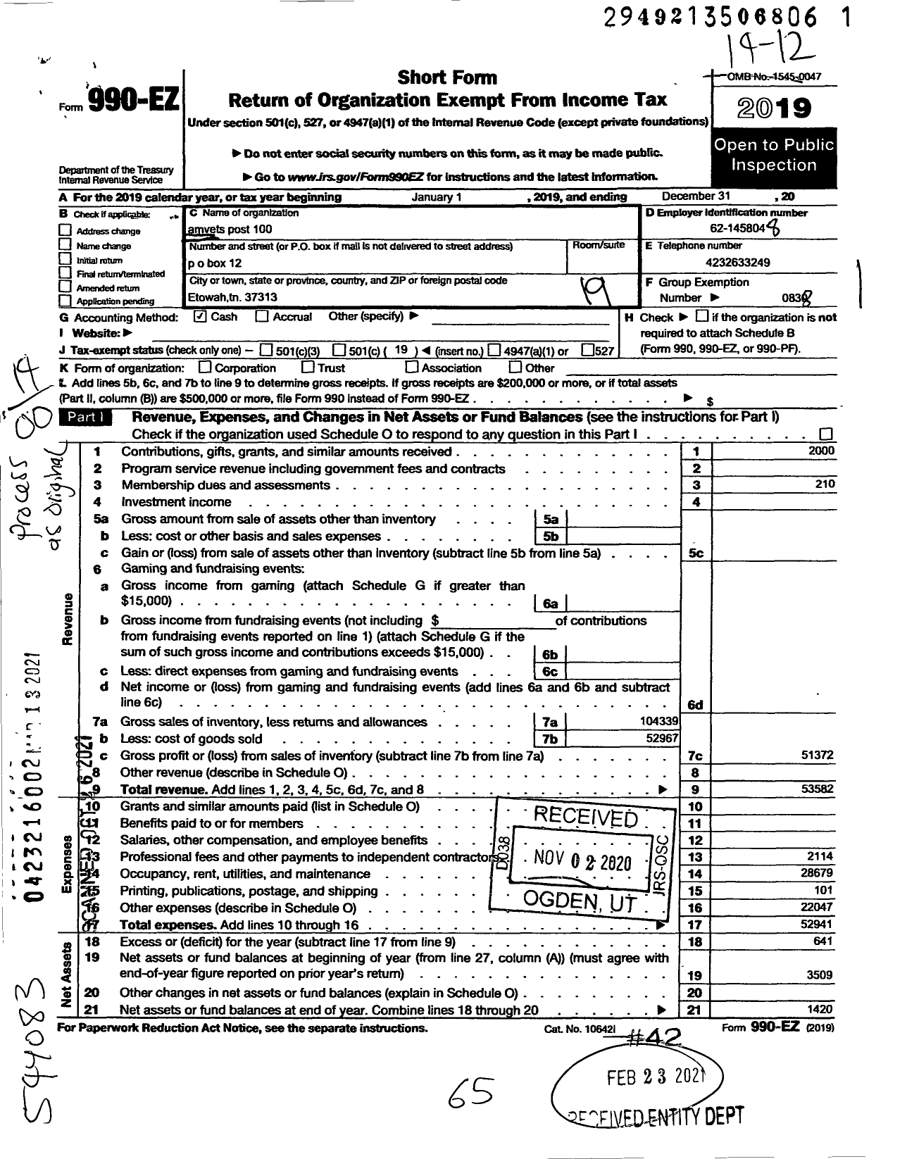 Image of first page of 2019 Form 990EO for Amvets - 0100