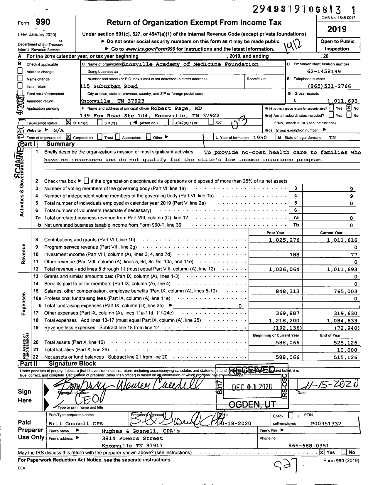 Image of first page of 2019 Form 990 for Knoxville Academy of Medicine Foundation