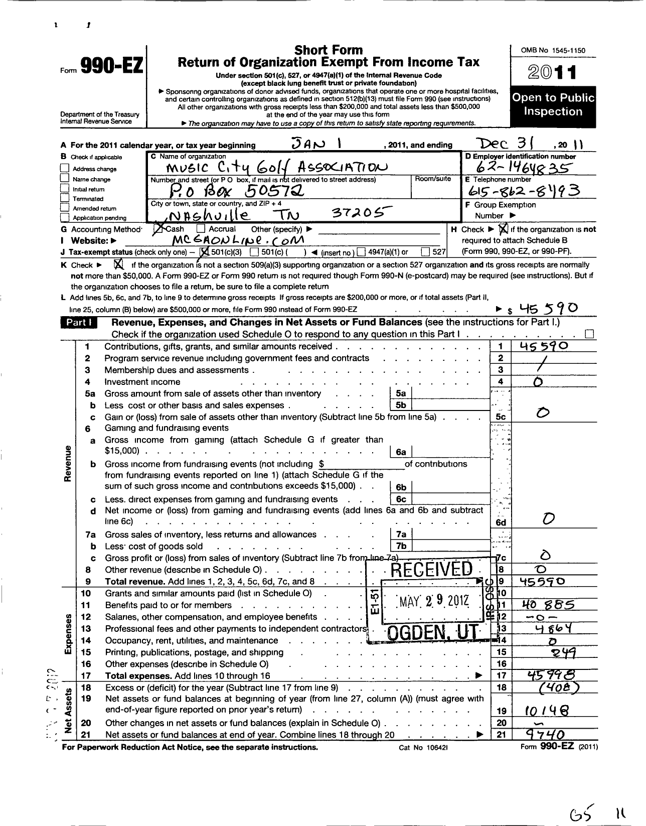 Image of first page of 2011 Form 990EZ for Music City Golf Association