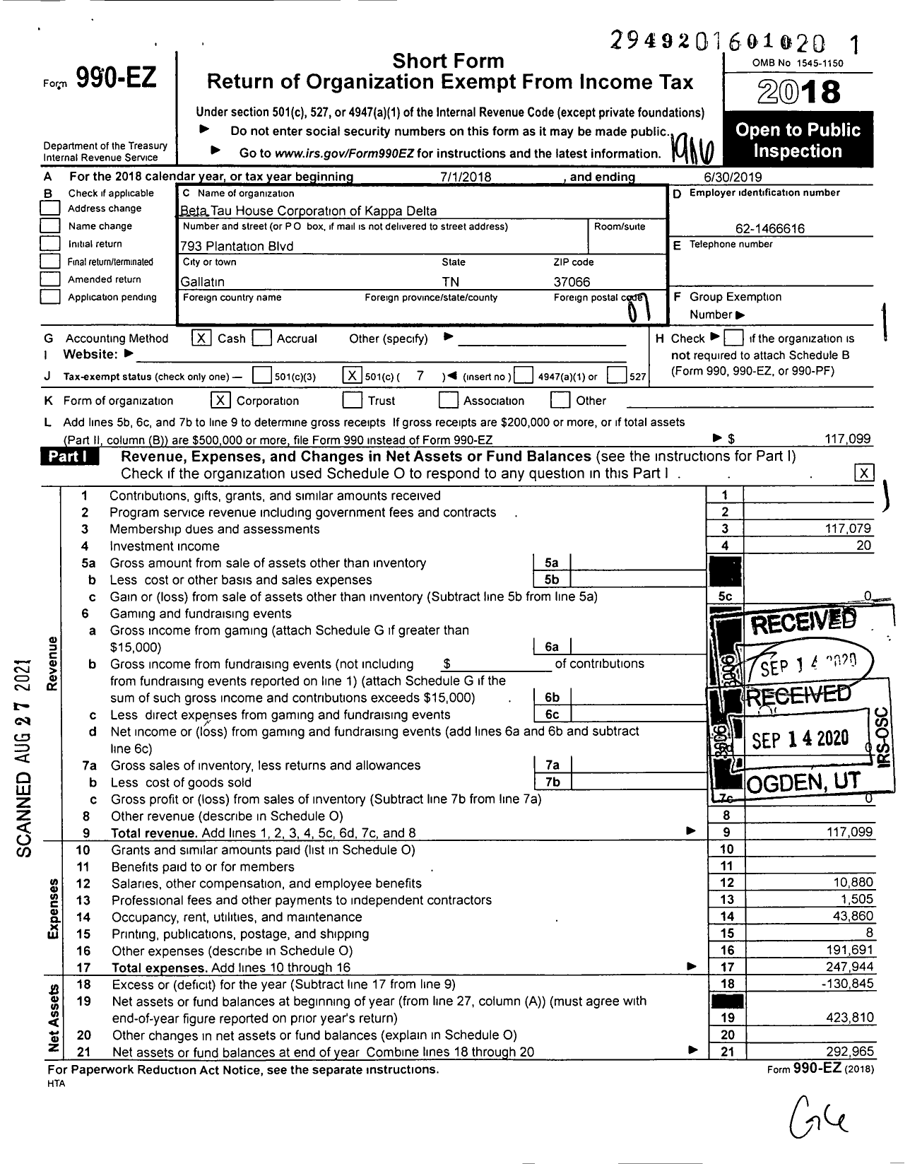 Image of first page of 2018 Form 990EO for Beta Tau House Corporation of Kappa Delta