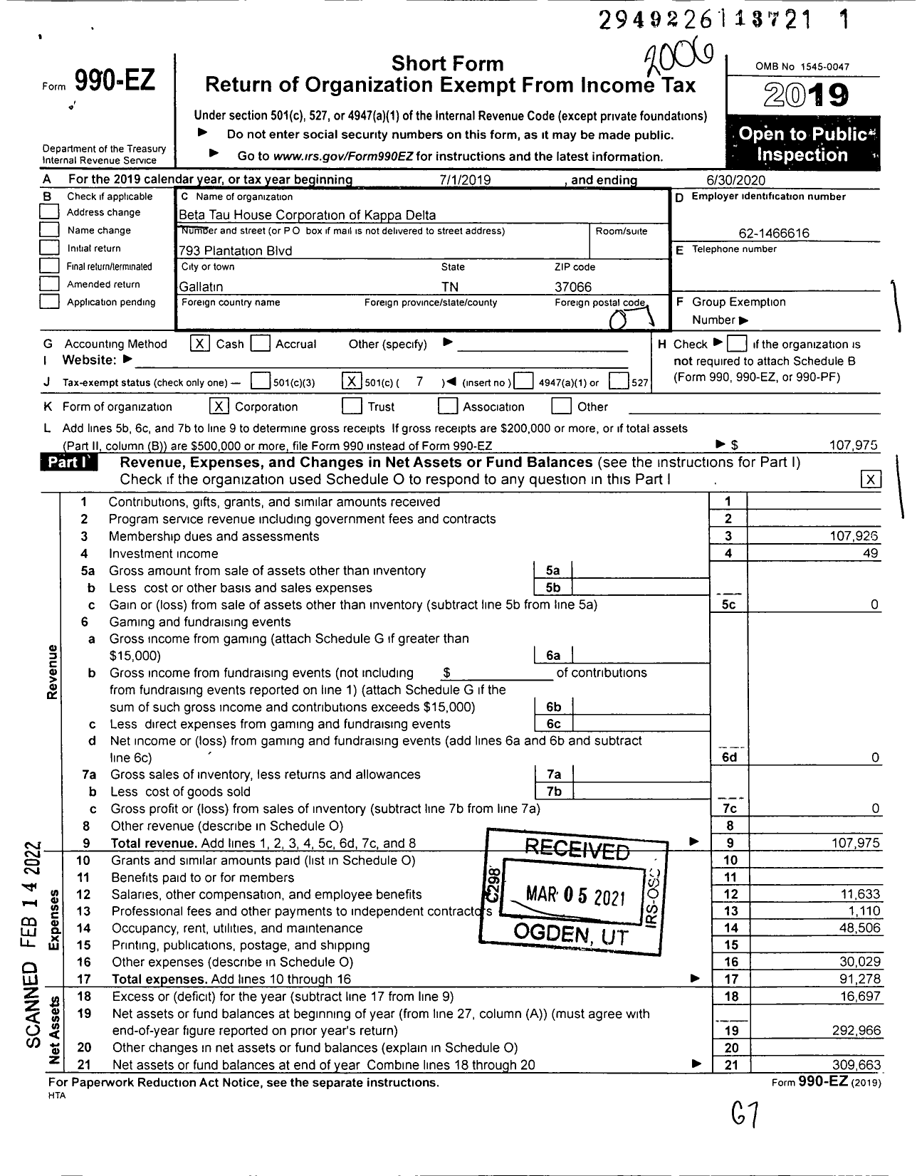 Image of first page of 2019 Form 990EO for Beta Tau House Corporation of Kappa Delta