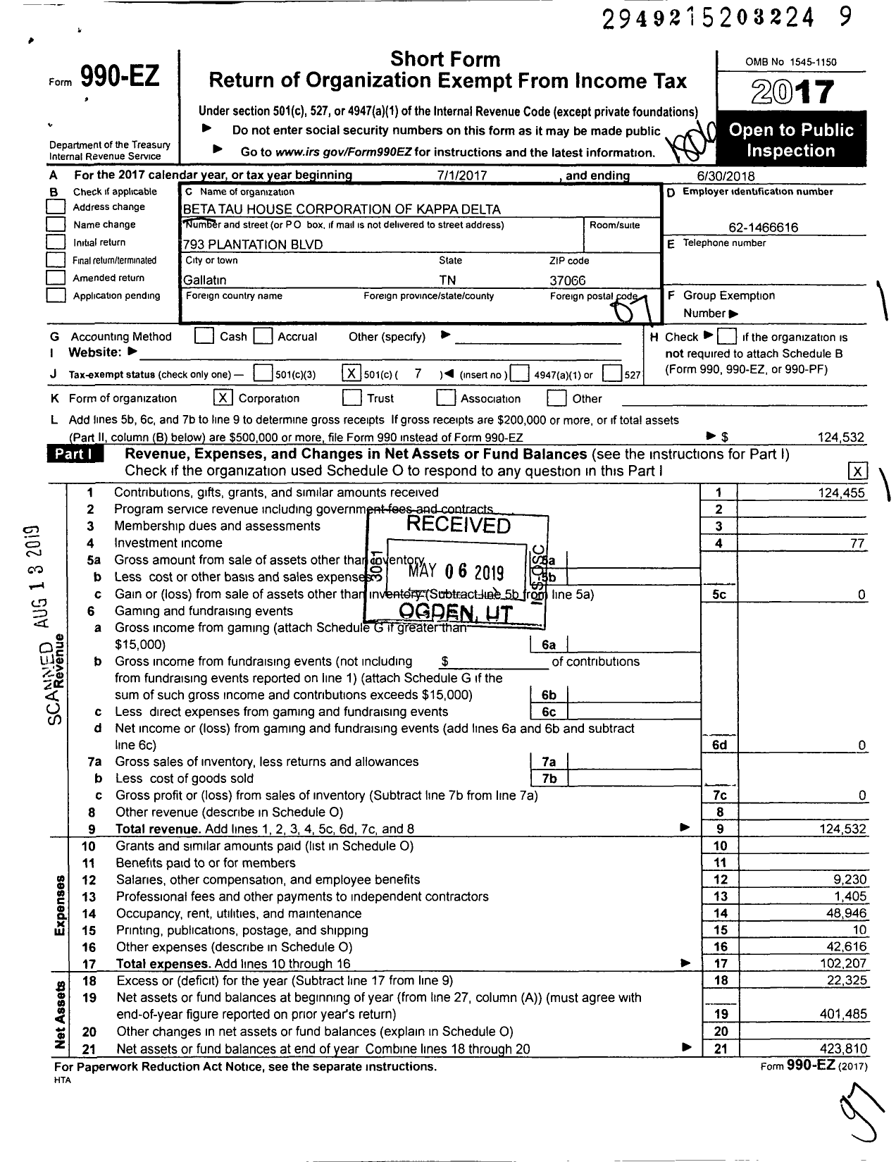 Image of first page of 2017 Form 990EO for Beta Tau House Corporation of Kappa Delta