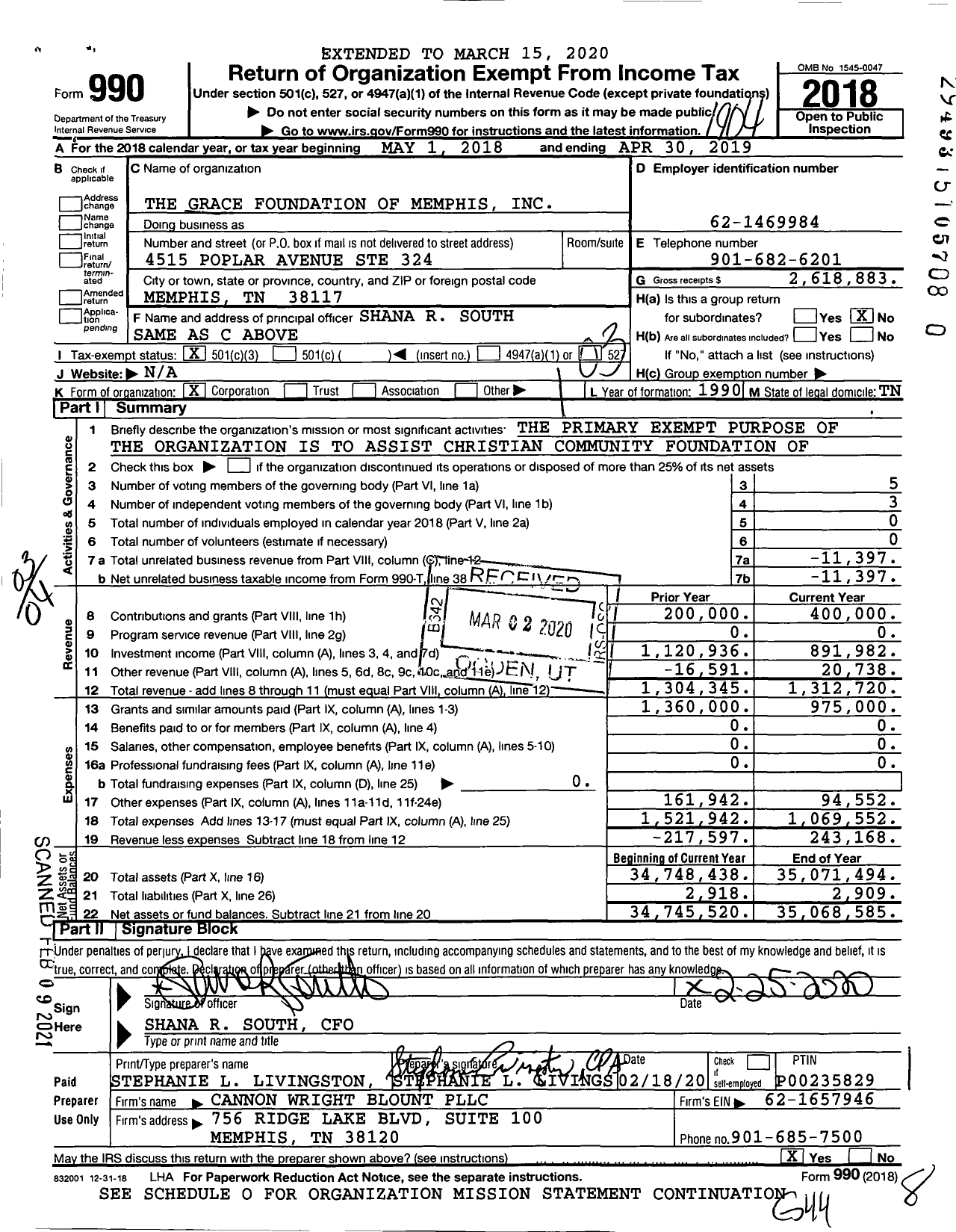 Image of first page of 2018 Form 990 for The Grace Foundation of Memphis