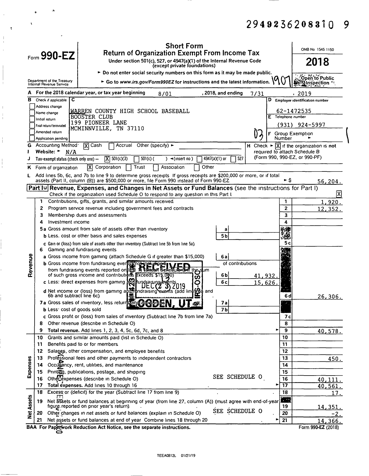 Image of first page of 2018 Form 990EZ for Warren County High School Baseball Booster Club