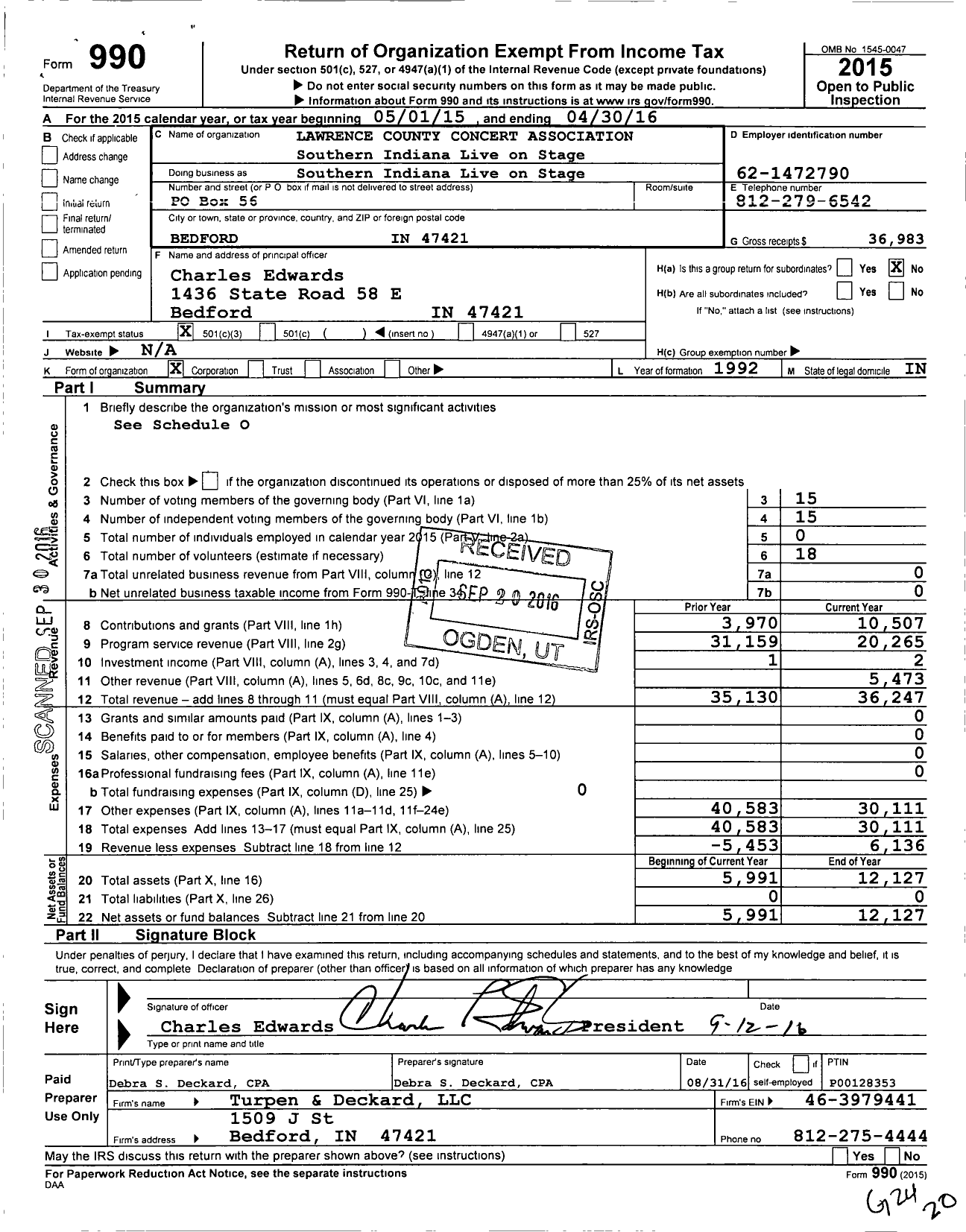 Image of first page of 2015 Form 990 for Lawrence County Concert Association Southern Indiana Live on Stage