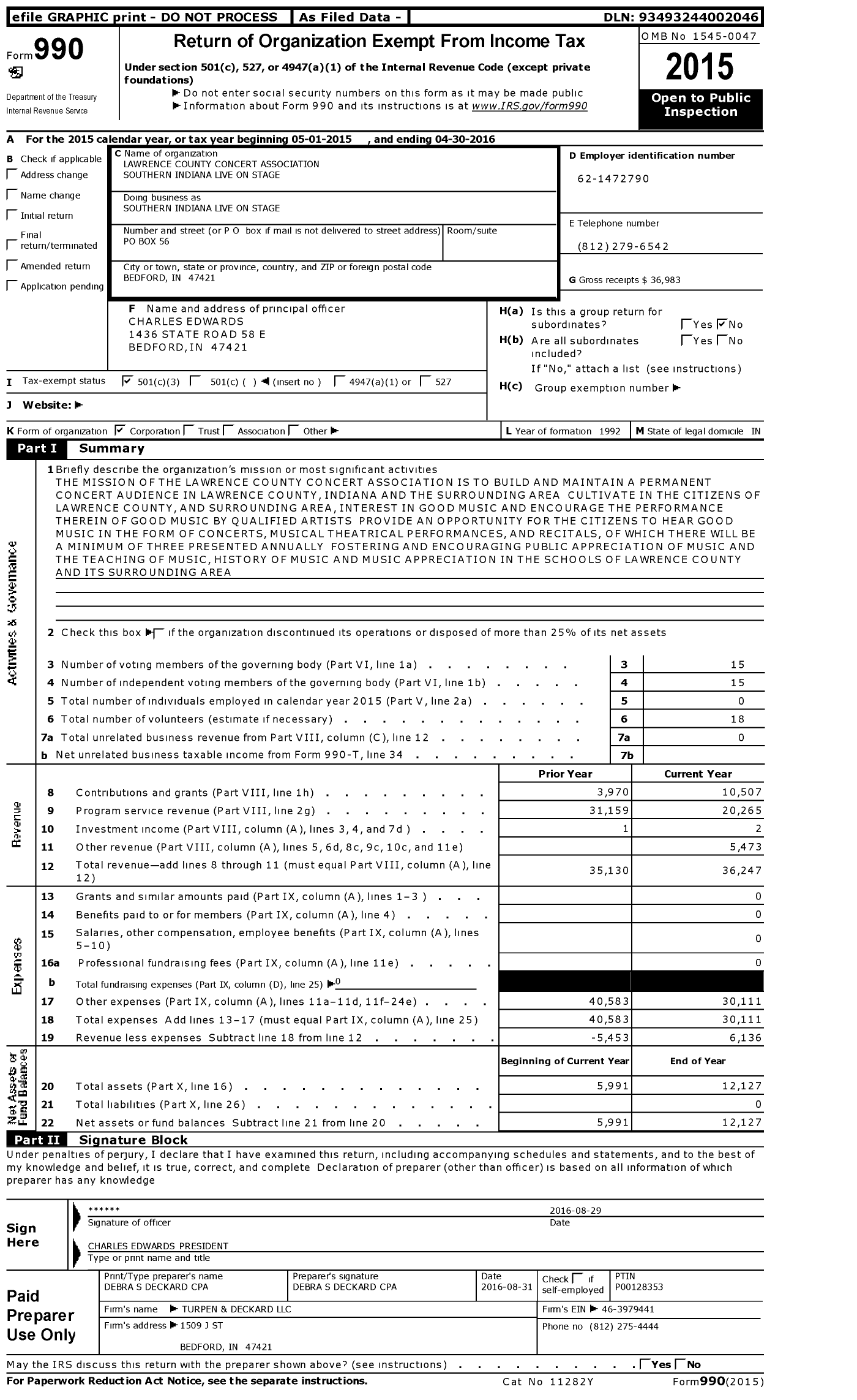 Image of first page of 2015 Form 990 for Lawrence County Concert Association Southern Indiana Live on Stage