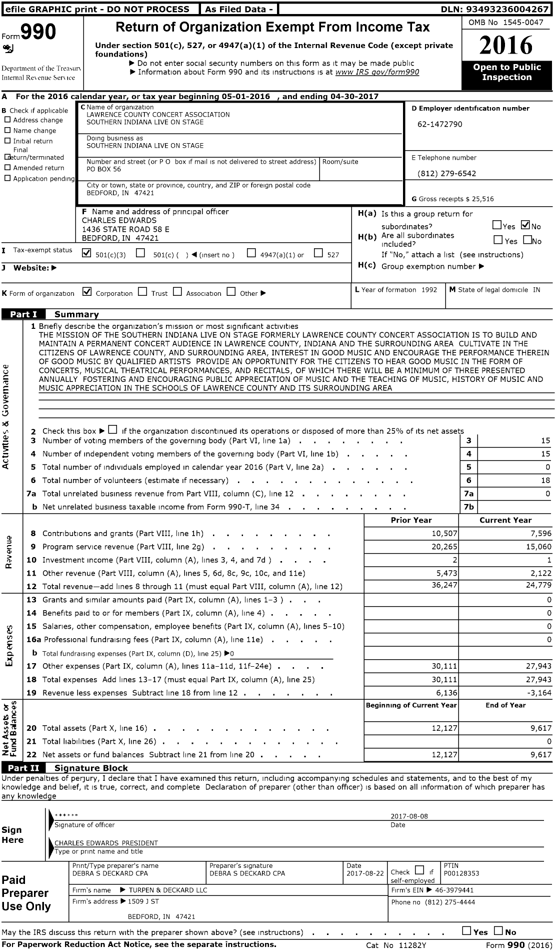 Image of first page of 2016 Form 990 for Lawrence County Concert Association Southern Indiana Live on Stage