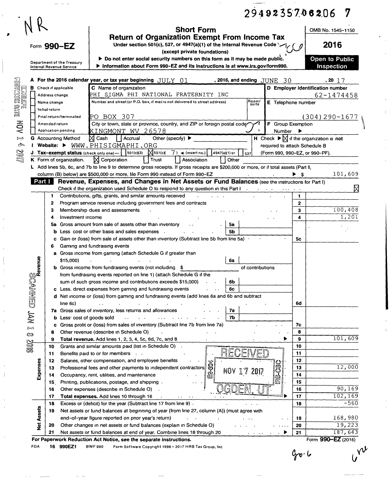 Image of first page of 2016 Form 990EO for Phi Sigma Phi National Fraternity