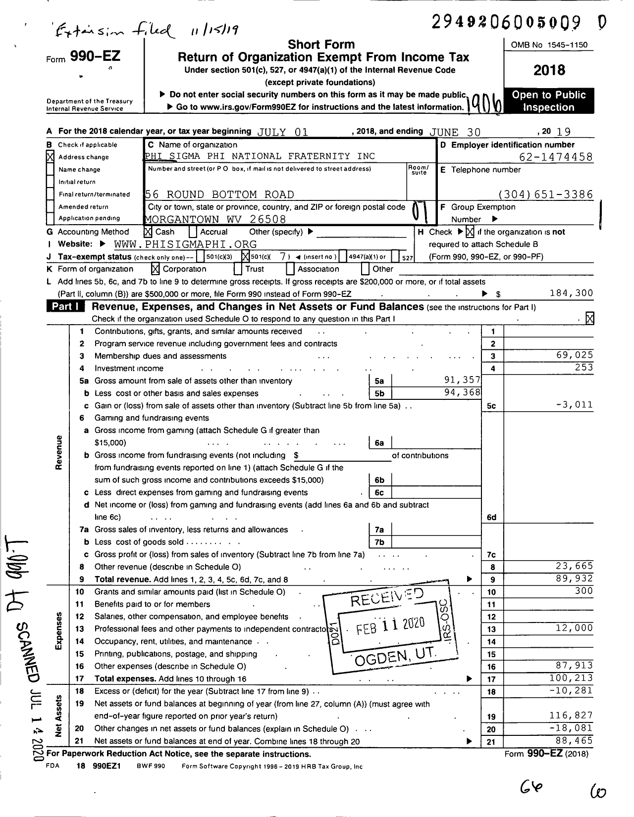 Image of first page of 2018 Form 990EO for Phi Sigma Phi National Fraternity