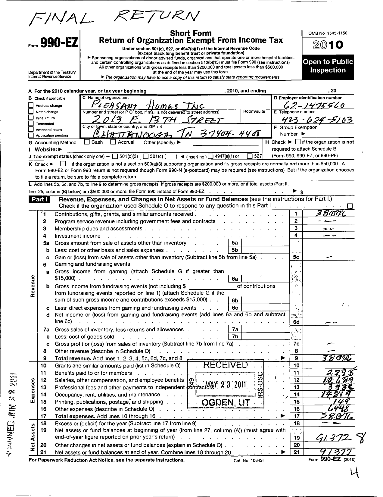 Image of first page of 2010 Form 990EO for Pleasant Homes