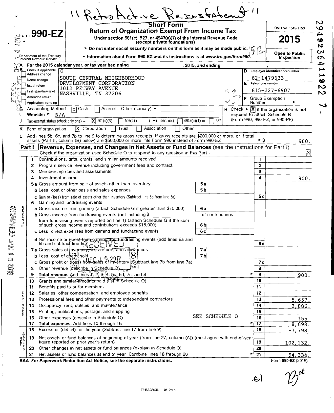 Image of first page of 2015 Form 990EZ for South Central Neighborhood Development Corporation