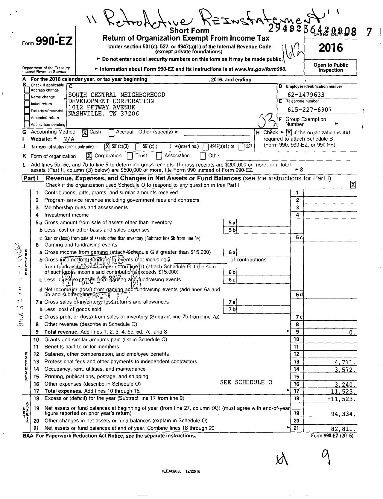 Image of first page of 2016 Form 990EZ for South Central Neighborhood Development Corporation