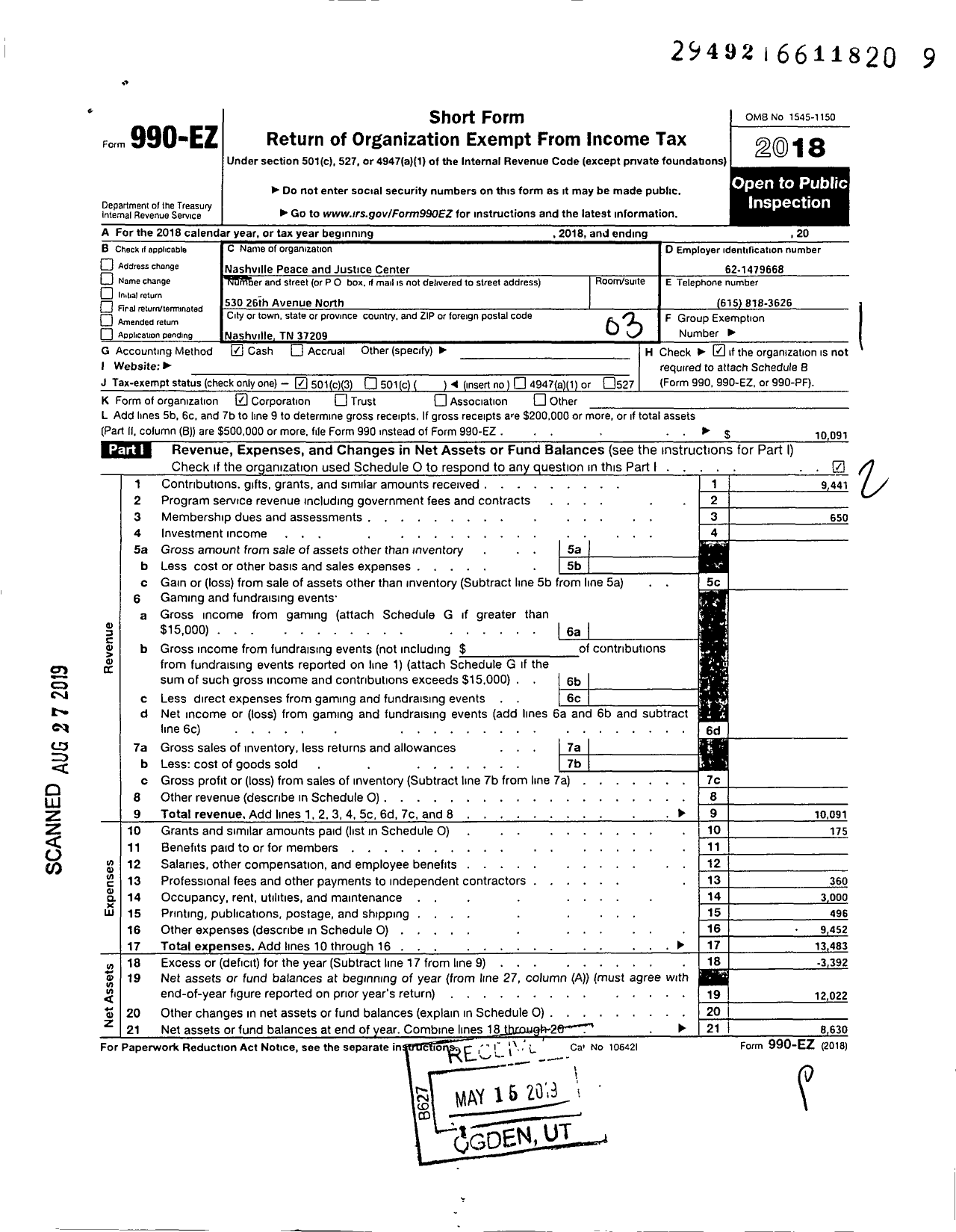 Image of first page of 2018 Form 990EZ for Nashville Peace and Justice Center