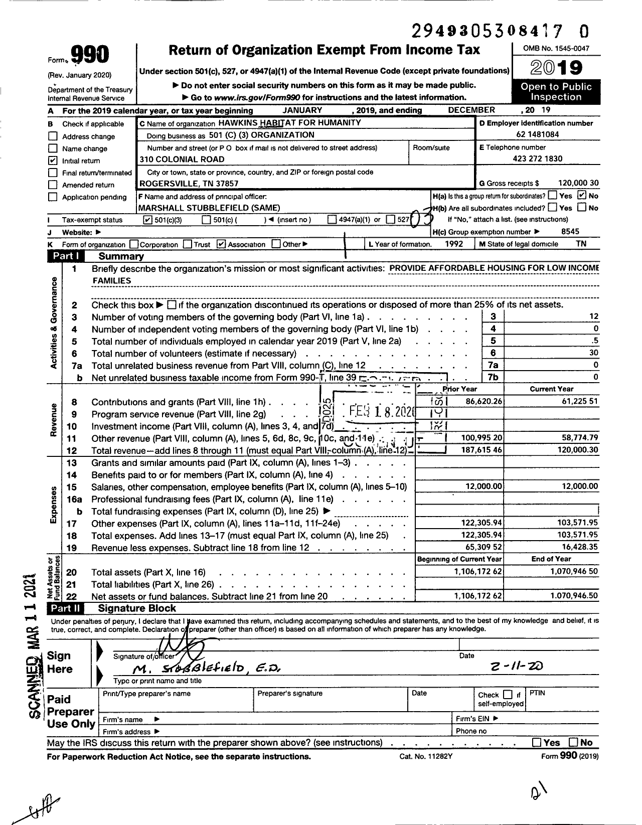 Image of first page of 2019 Form 990 for Habitat for Humanity - Hawkins HFH