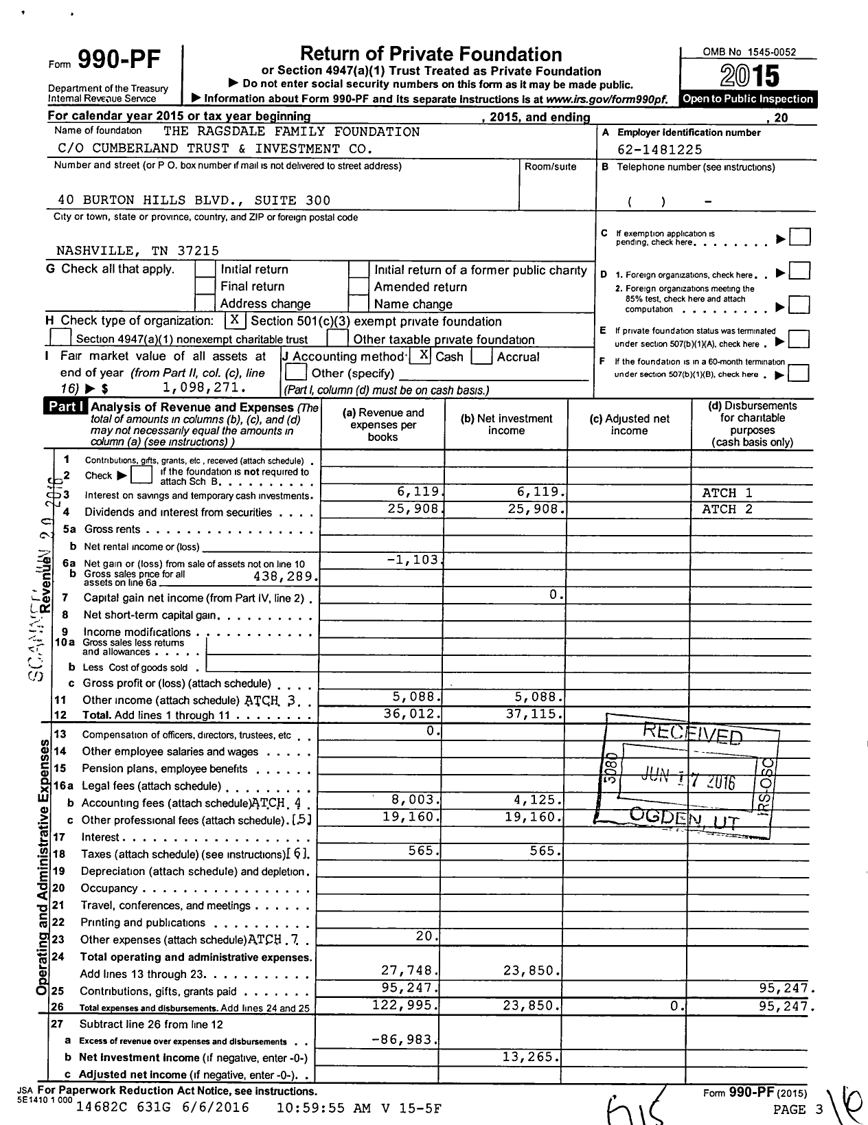 Image of first page of 2015 Form 990PF for The Ragsdale Family Foundation
