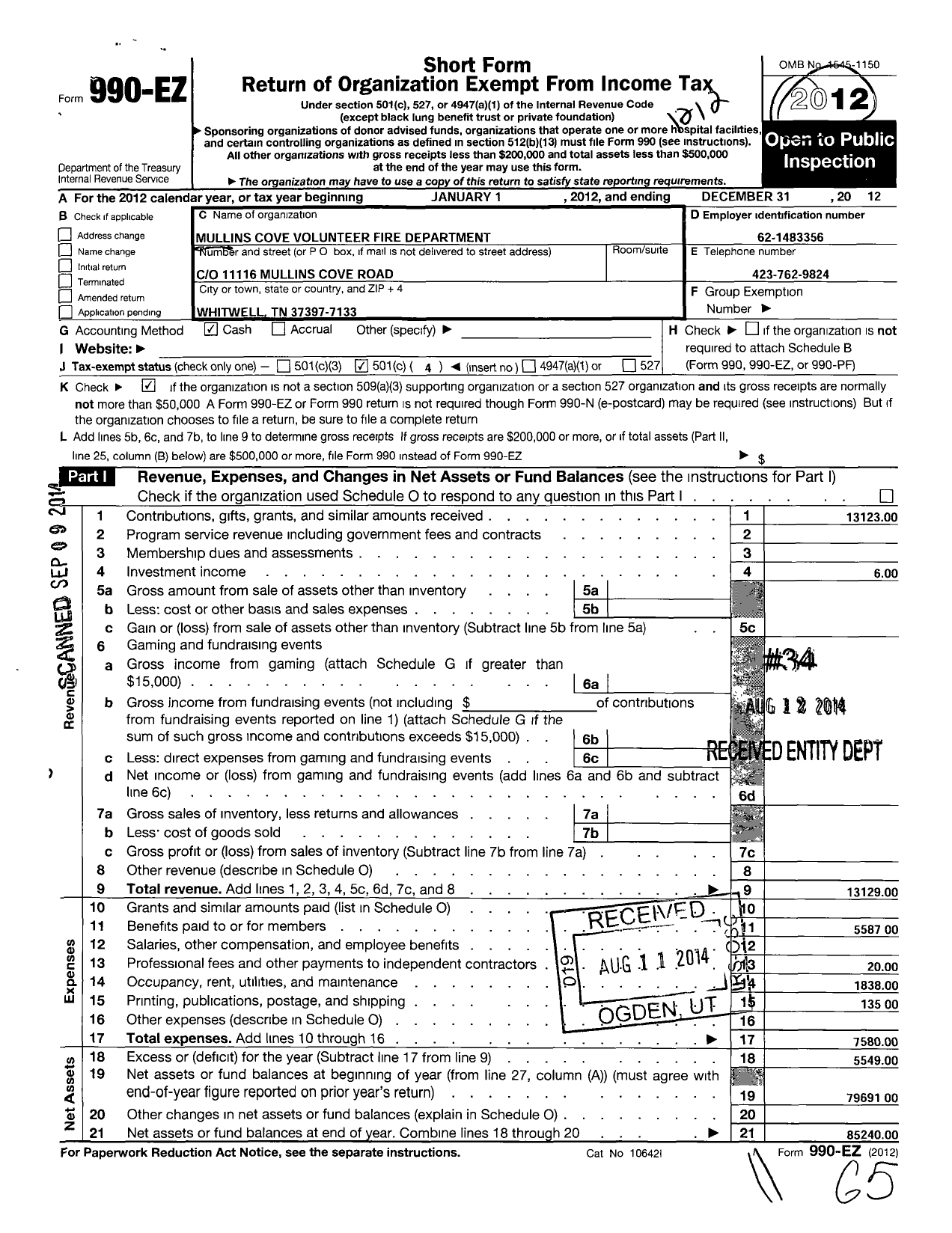 Image of first page of 2012 Form 990EO for Mullins Cove Volunteer Fire Department