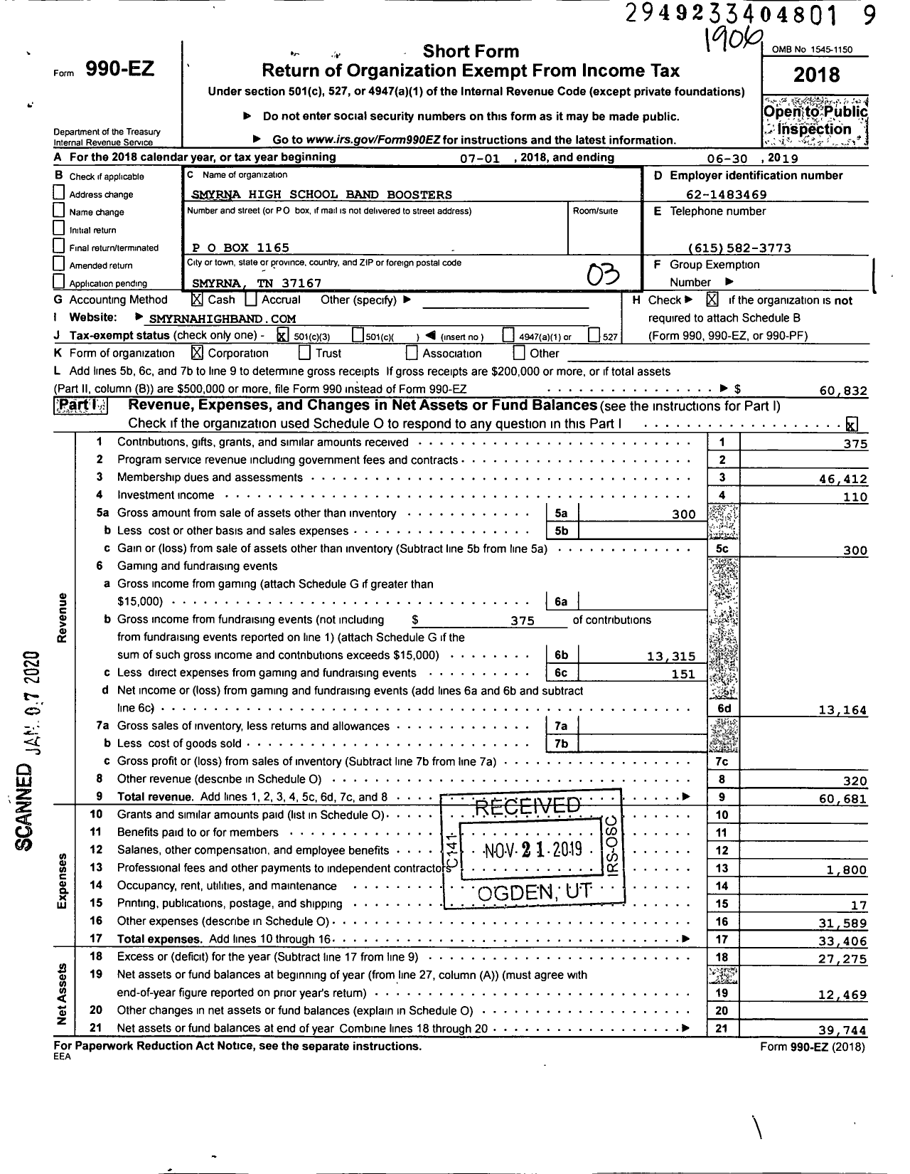 Image of first page of 2018 Form 990EZ for Smyrna High School Band Boosters