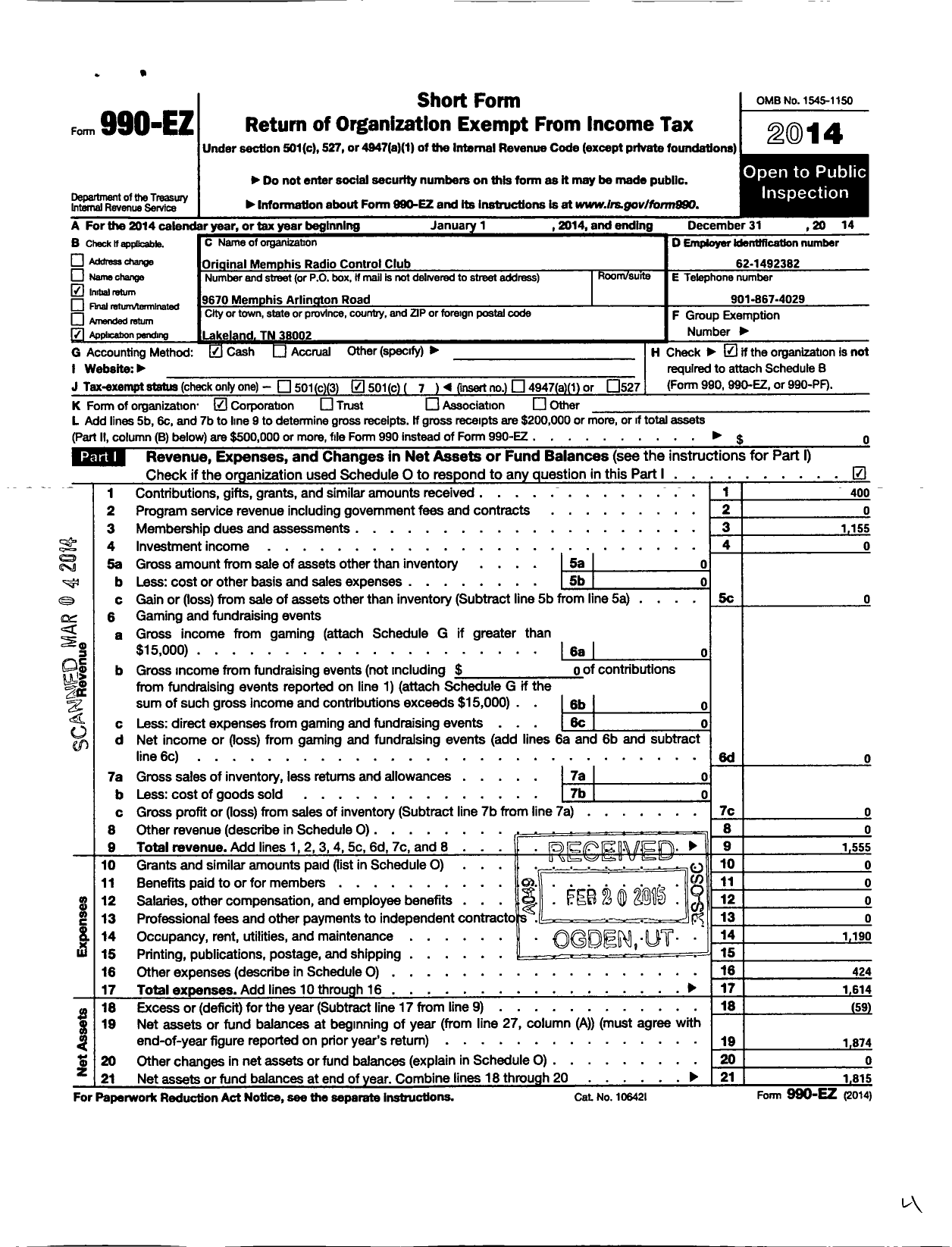 Image of first page of 2014 Form 990EO for Original Memphis Radio Control Club