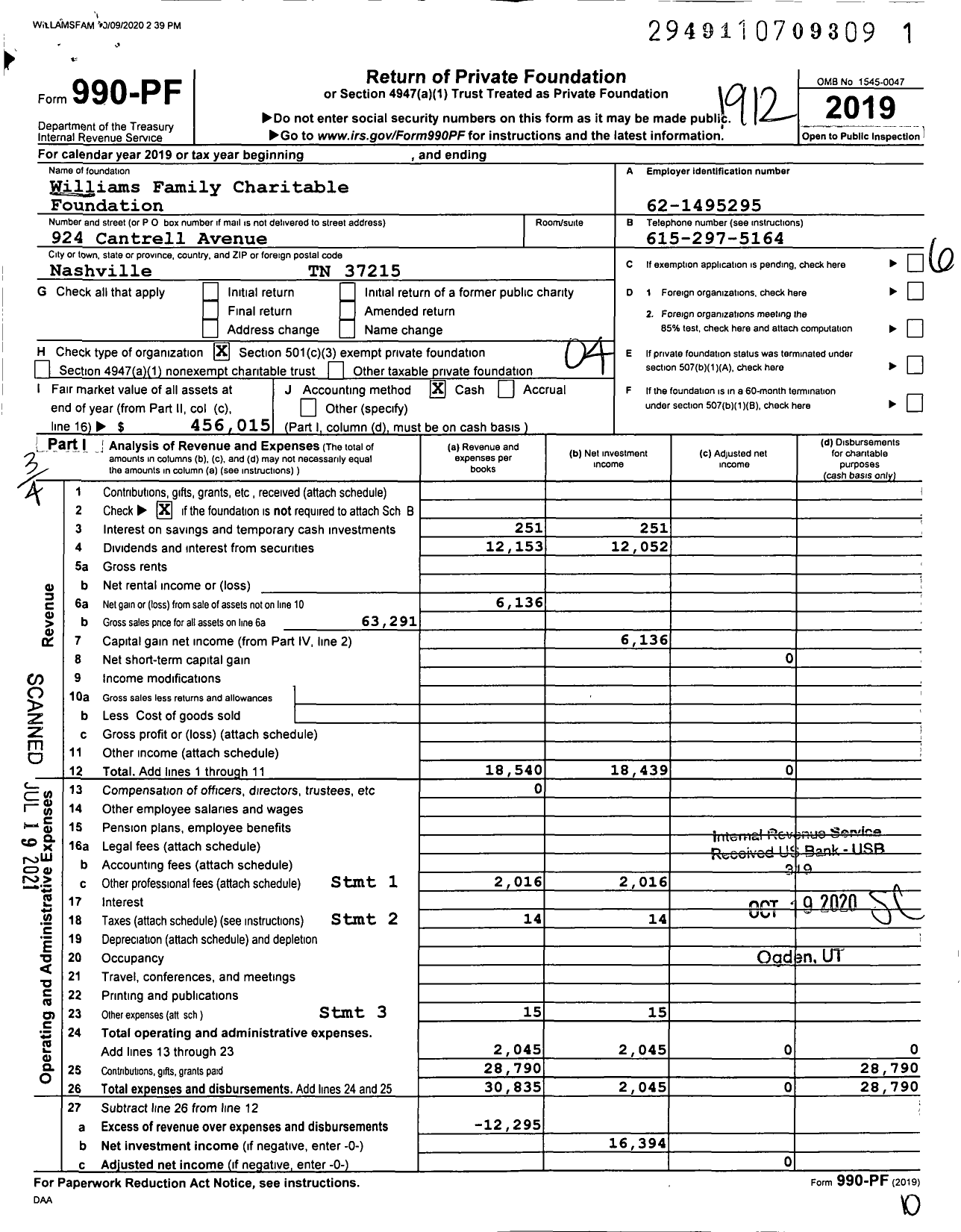 Image of first page of 2019 Form 990PF for Williams Family Charitable Foundation