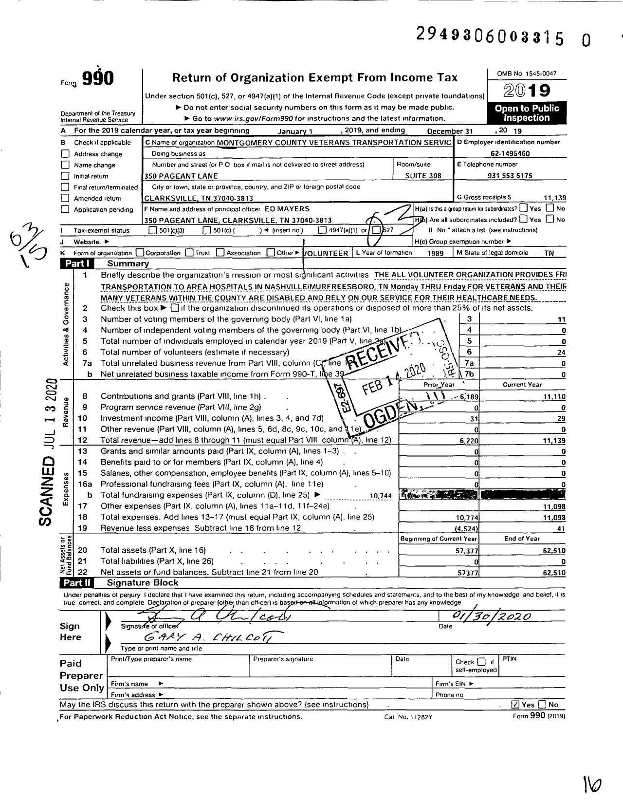 Image of first page of 2019 Form 990 for Montgomery County Veterans Transportation Service
