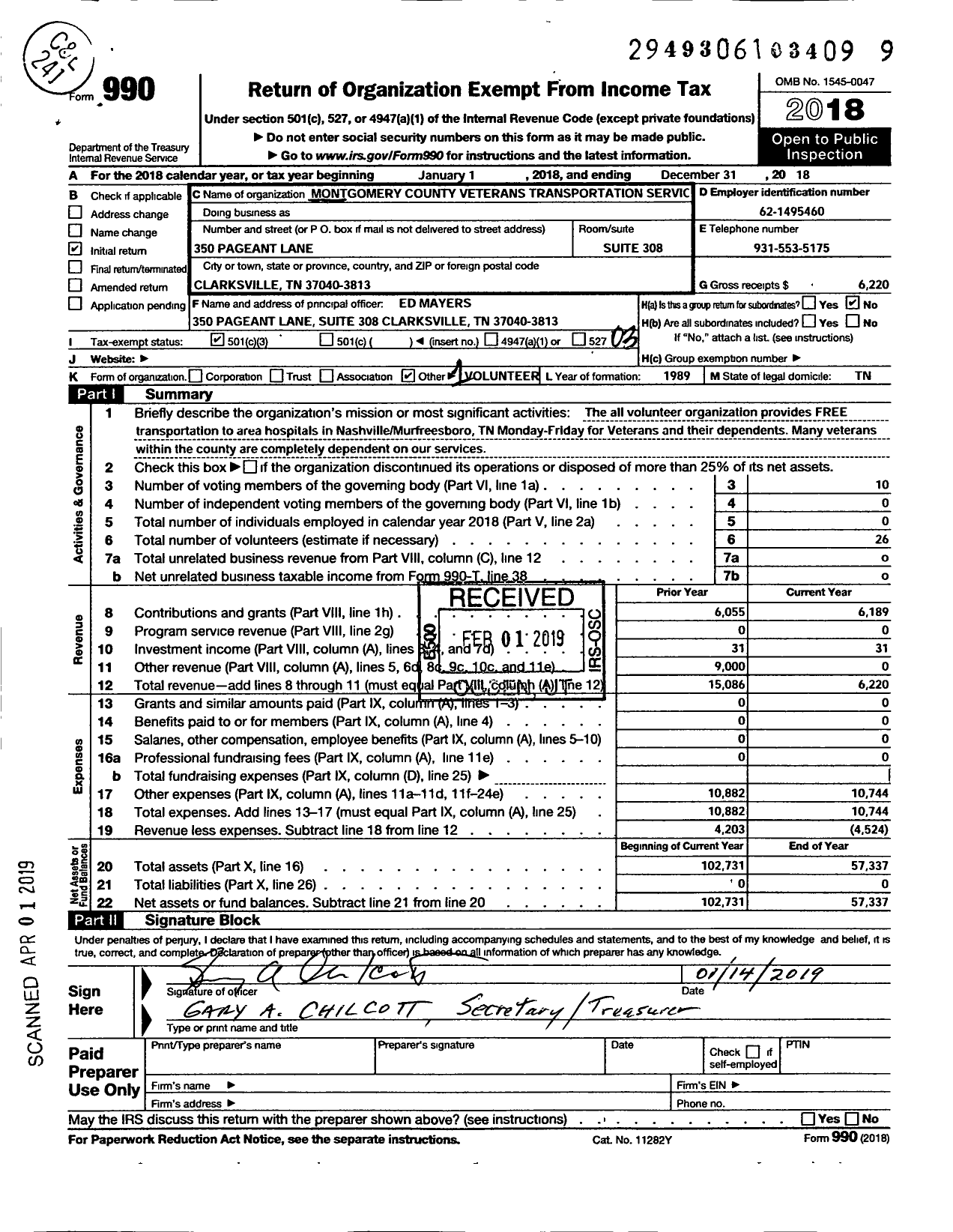 Image of first page of 2018 Form 990 for Montgomery County Veterans Transportation Service