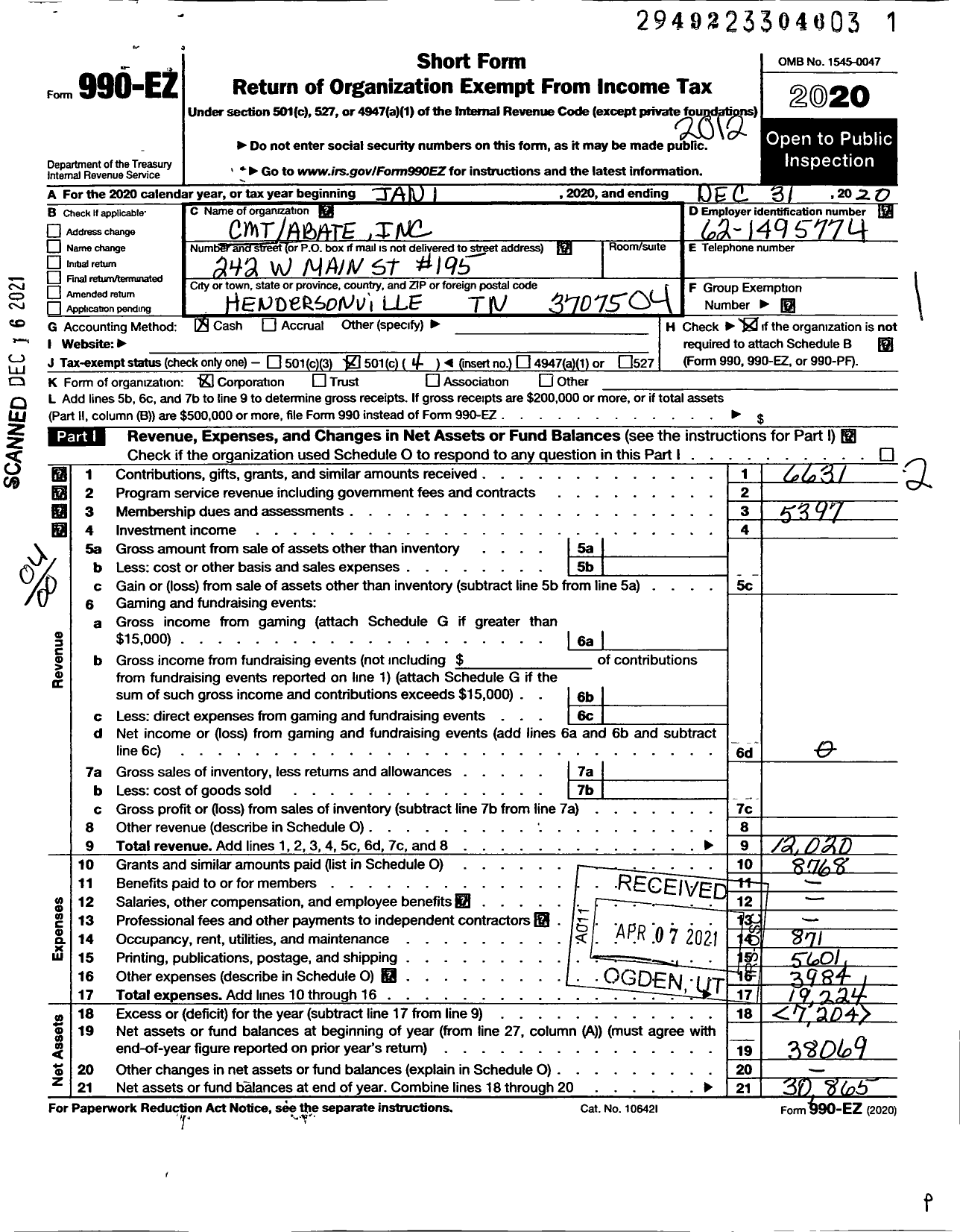 Image of first page of 2020 Form 990EO for Cmt-Abate